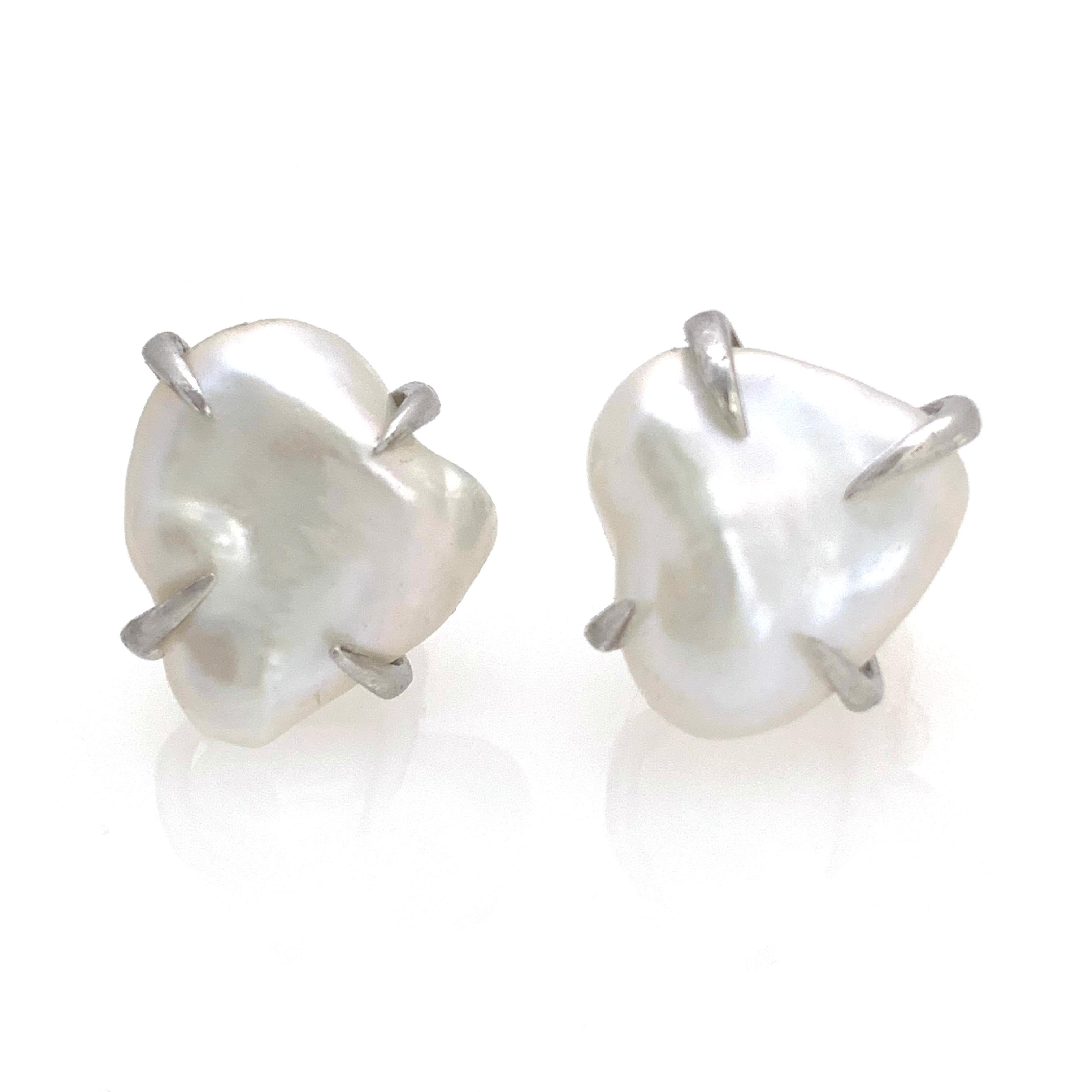 Modern Lustrous Pair of 13mm White Baroque Pearl Stud Earrings