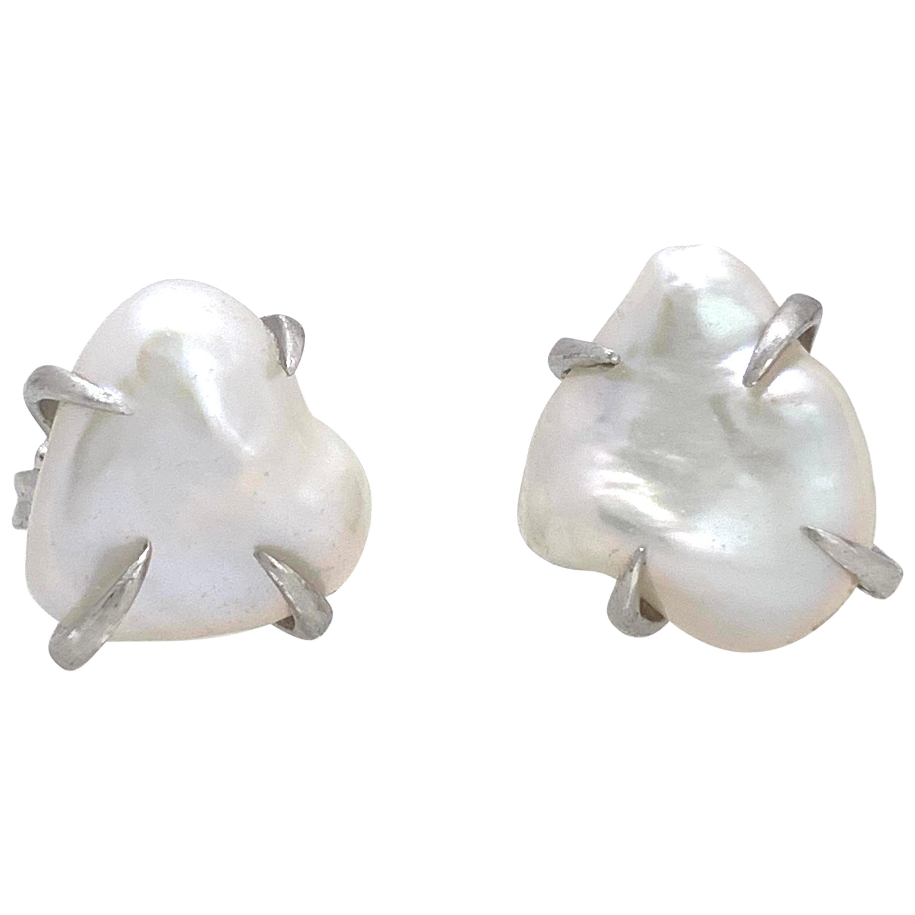 Lustrous Pair of 13mm White Baroque Pearl Stud Earrings
