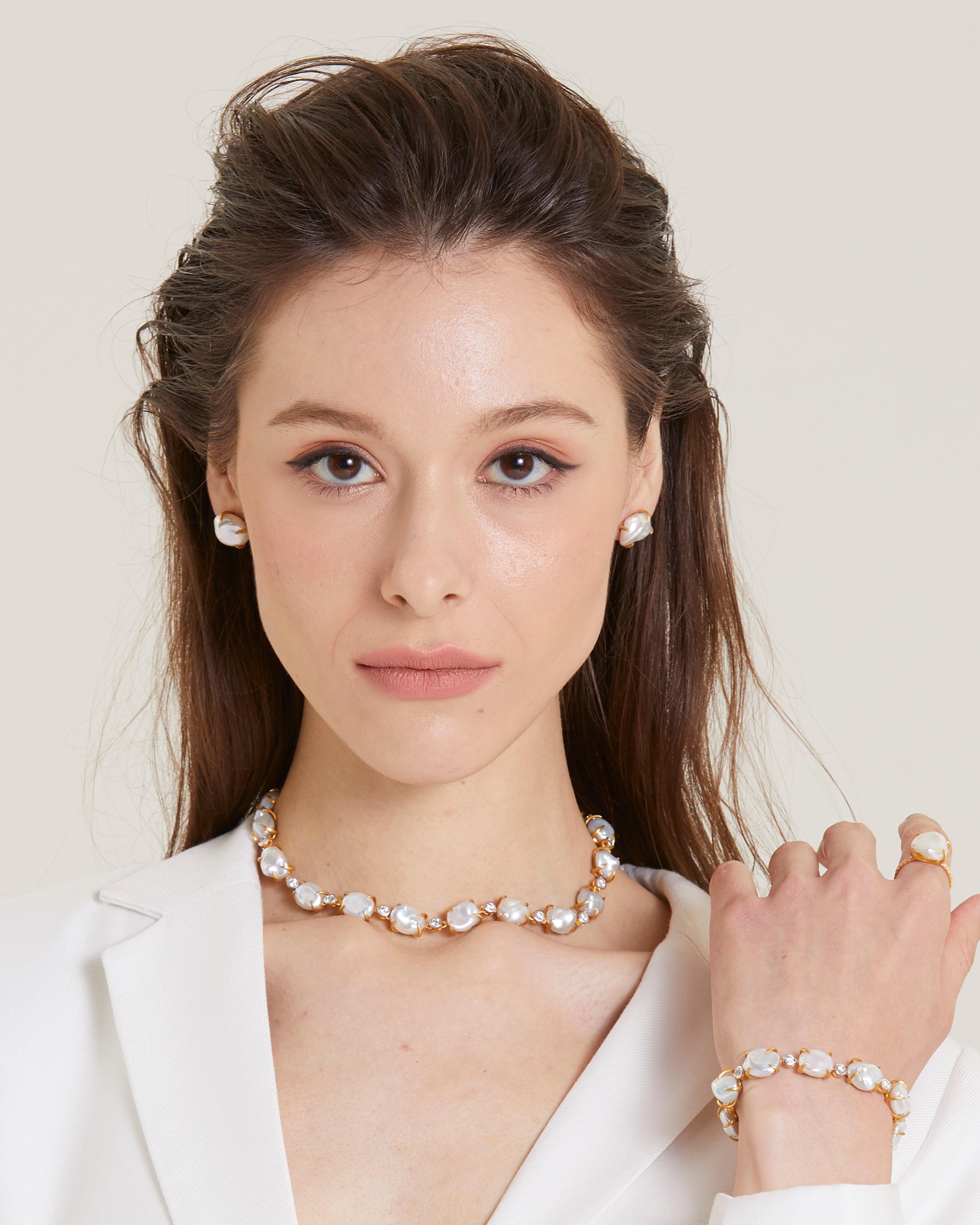 Modern Lustrous Pair of White Baroque Pearl Vermeil Stud Earrings