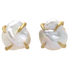 Lustrous Pair of 13mm White Baroque Pearl Vermeil Stud Earrings