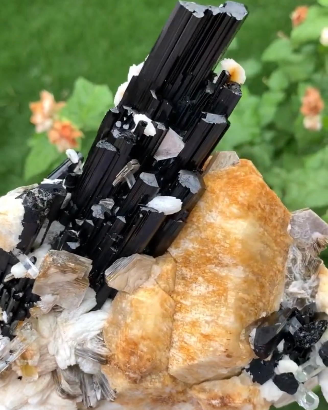 Leuchtend schwarzer Schorl-Turmalin auf Feldspar mit Aquamarin aus Pakistan (Moderne) im Angebot