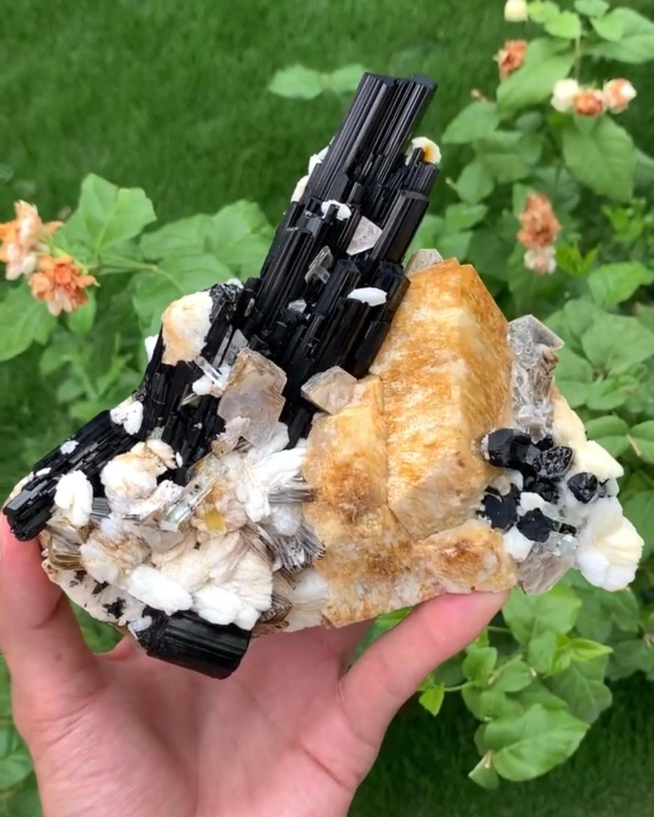Leuchtend schwarzer Schorl-Turmalin auf Feldspar mit Aquamarin aus Pakistan (Pakistanisch) im Angebot