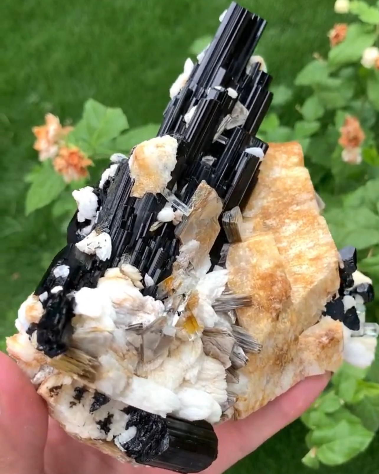 Leuchtend schwarzer Schorl-Turmalin auf Feldspar mit Aquamarin aus Pakistan (Sonstiges) im Angebot