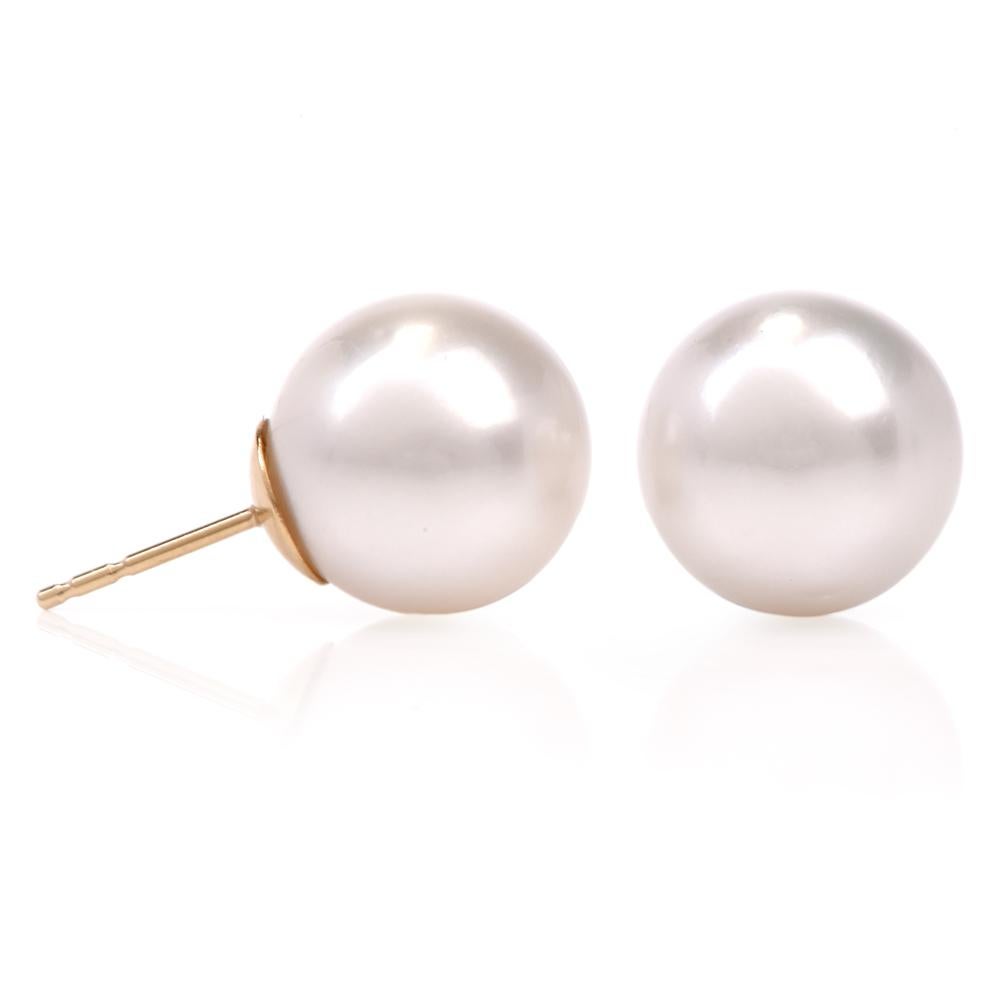 Lustrous South Sea Pearl Gold Stud Earrings In Excellent Condition In Miami, FL