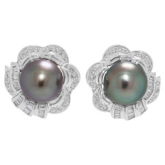 Boucles d'oreilles en or blanc 18 carats avec perles de Tahiti et diamants naturels de 0,43 carats
