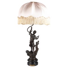 Antique Lute and Tambourine players Table Lamp Silk Brocade, 19th Century