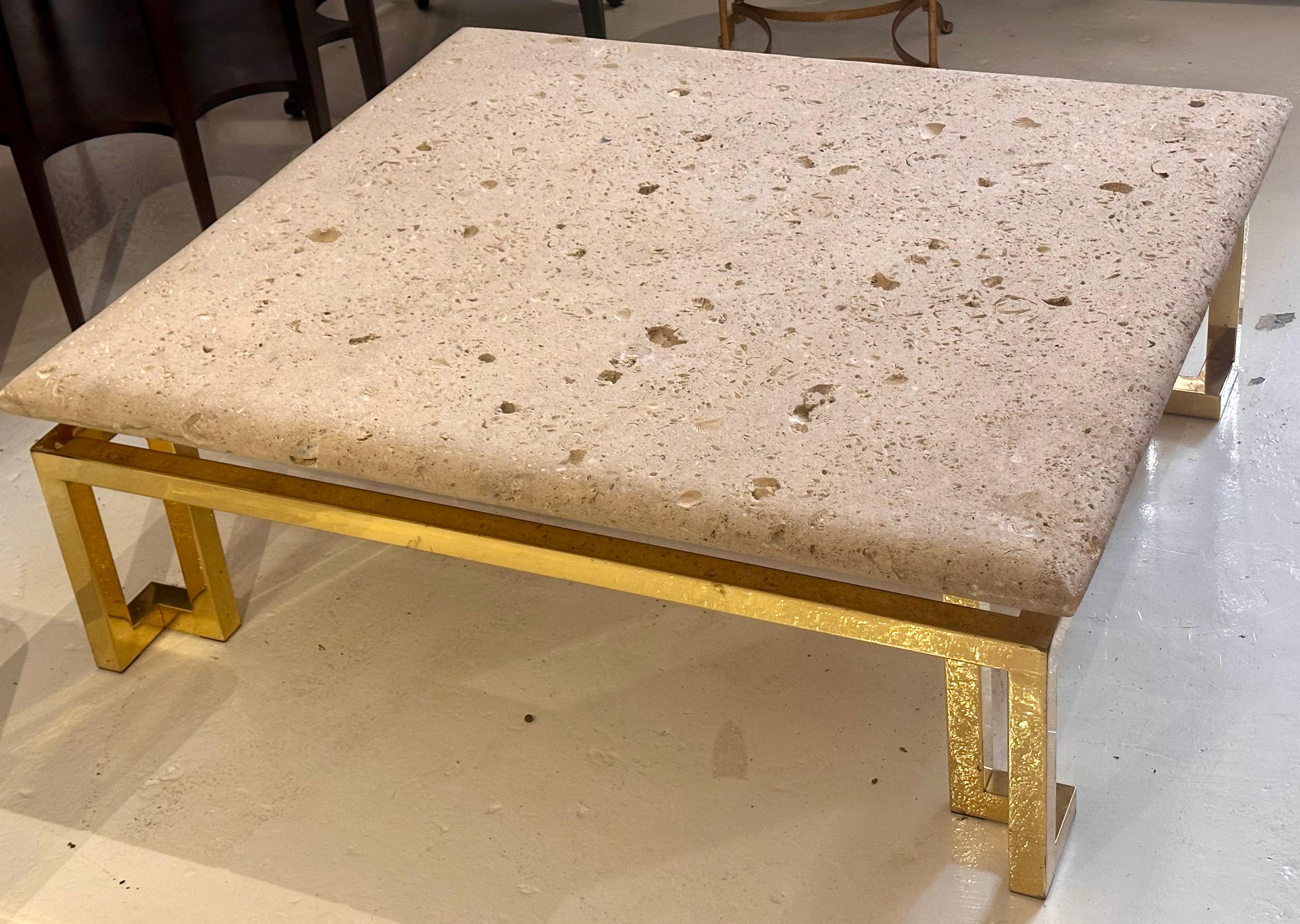 Luten, Clary & Stern, Inc. Mid Century Modern Fossil Stone & Brass Coffee or Cocktail Table. 