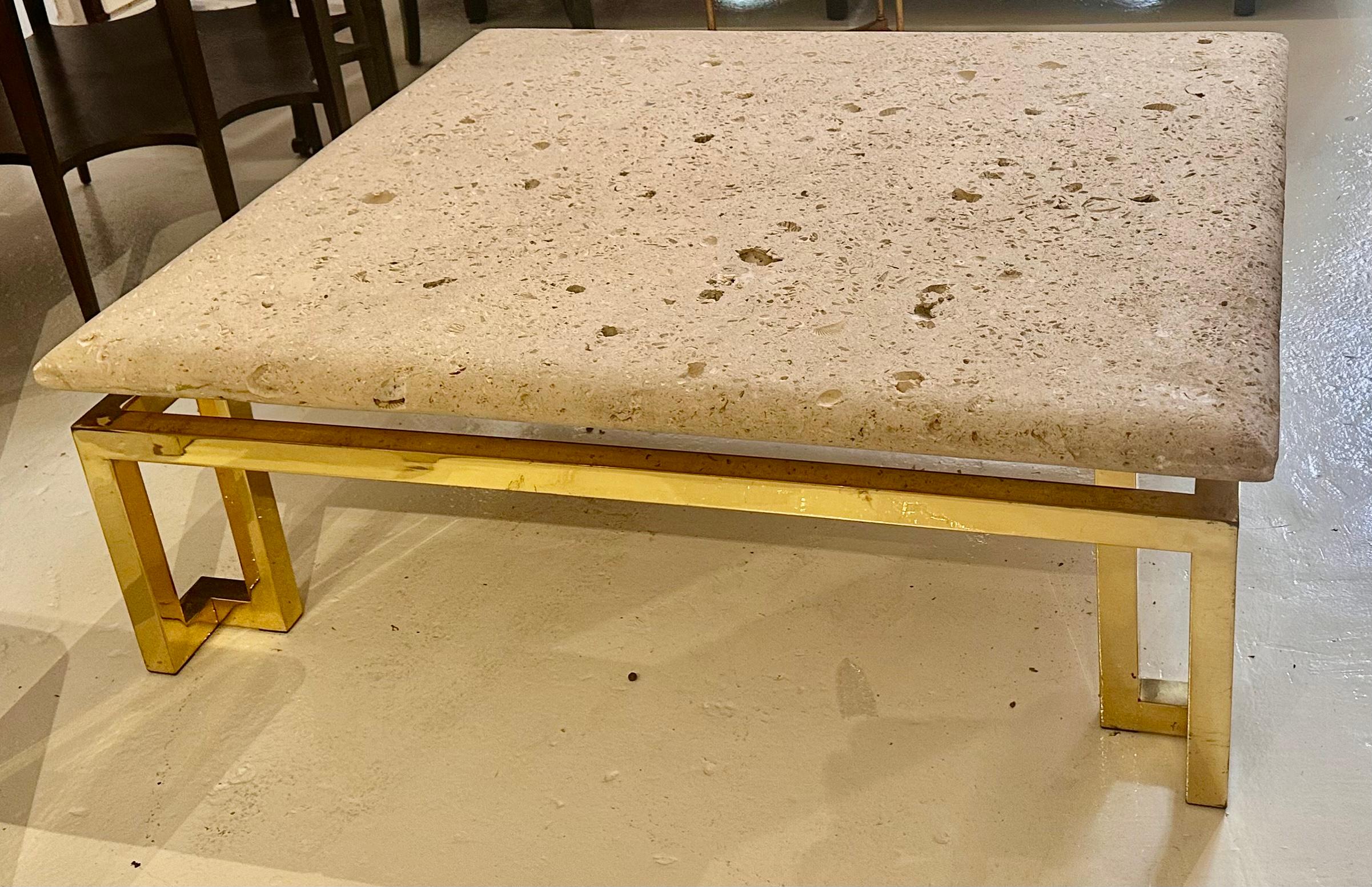 American Luten, Clary & Stern, Inc Mid Century Modern Fossil Stone & Brass Cocktail Table For Sale