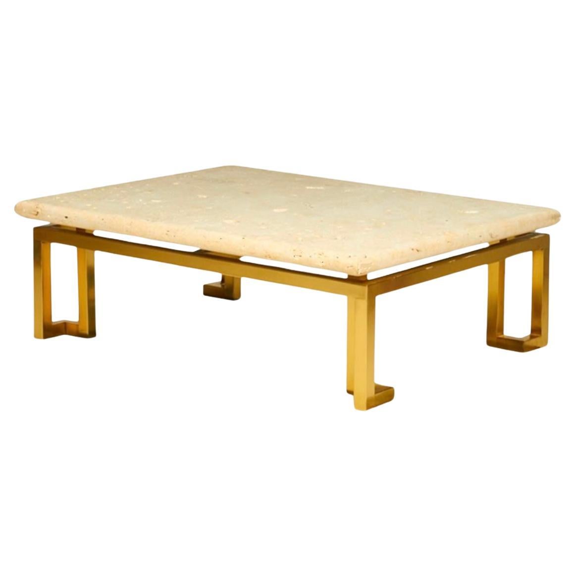 Luten, Clary & Stern, Inc Mid Century Modern Fossil Stone & Brass Cocktail Table For Sale