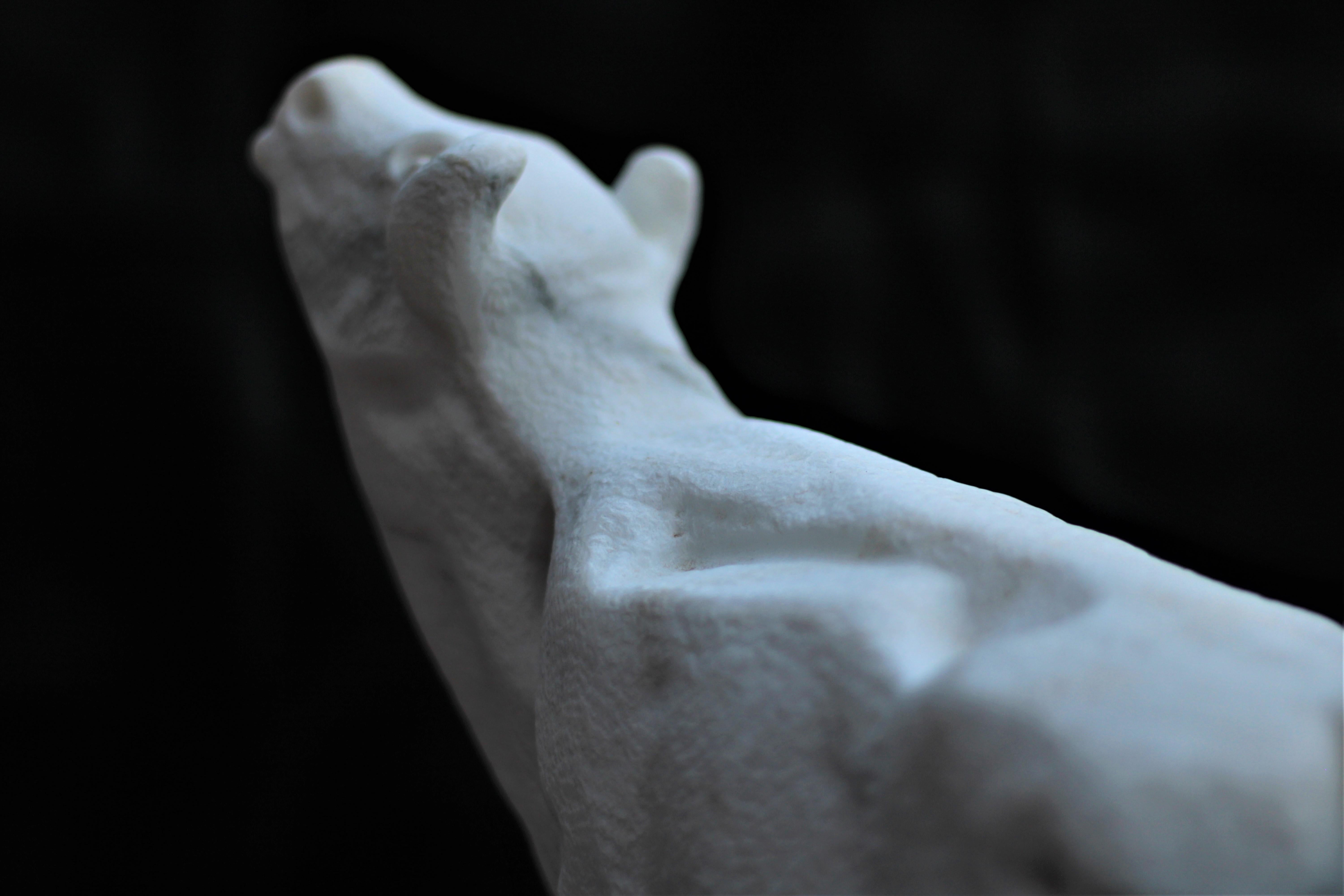 Figurative Skulptur eines schwebenden Stiers aus weißem Carrara-Marmorstein im Angebot 5