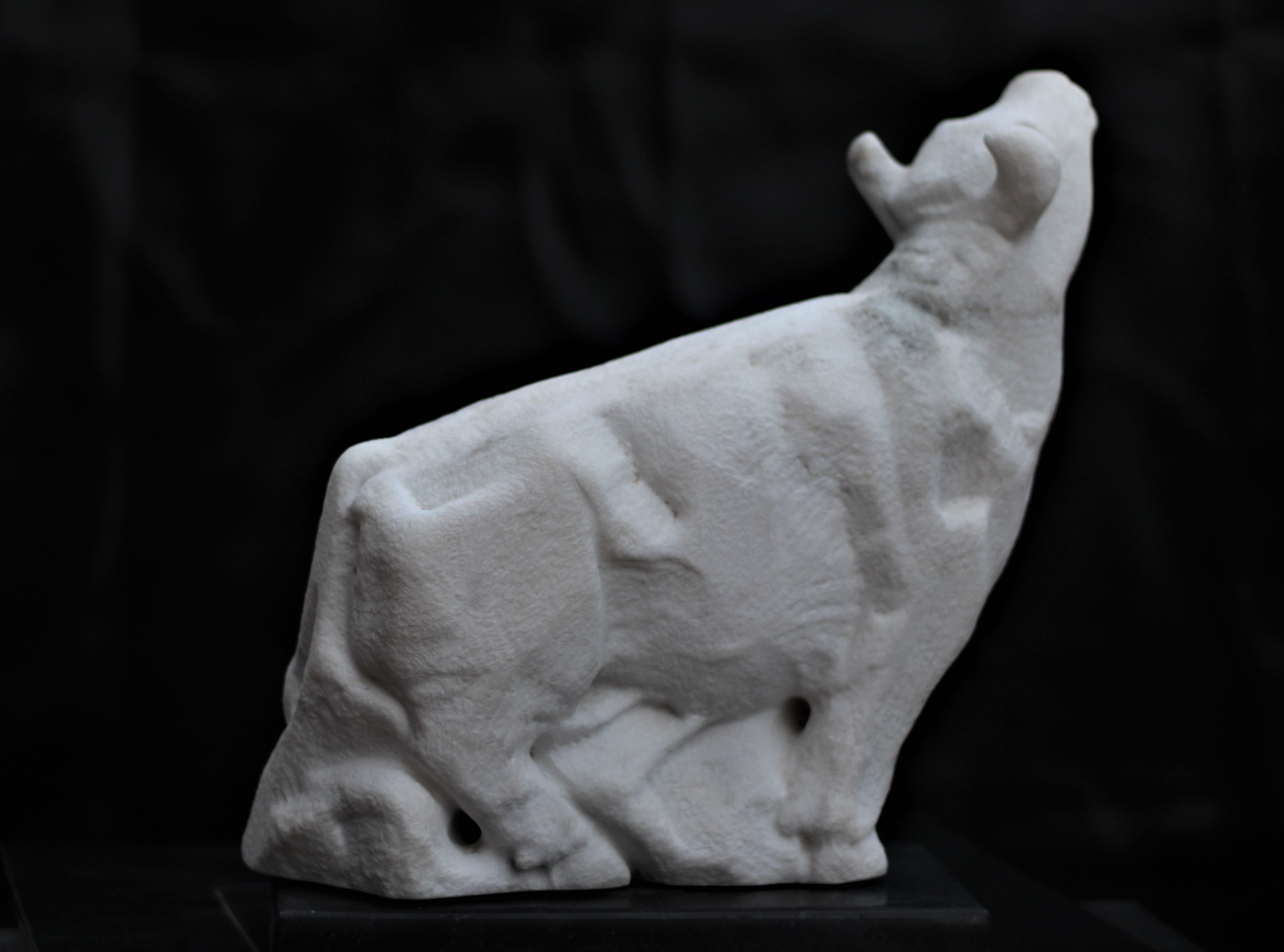 Figurative Skulptur eines schwebenden Stiers aus weißem Carrara-Marmorstein im Angebot 13