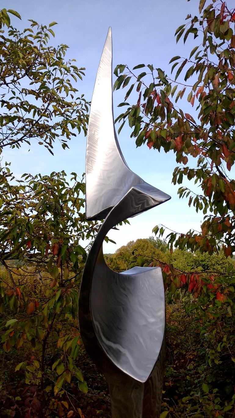 This unique-piece abstract sculpture, named “Clearness”, was created and shaped by Lutfi Romhein directly from 2 mm thick 316L Stainless steel sheets.

The sculpture rotates on its axis which is placed on a Carrara marble base, and its surface