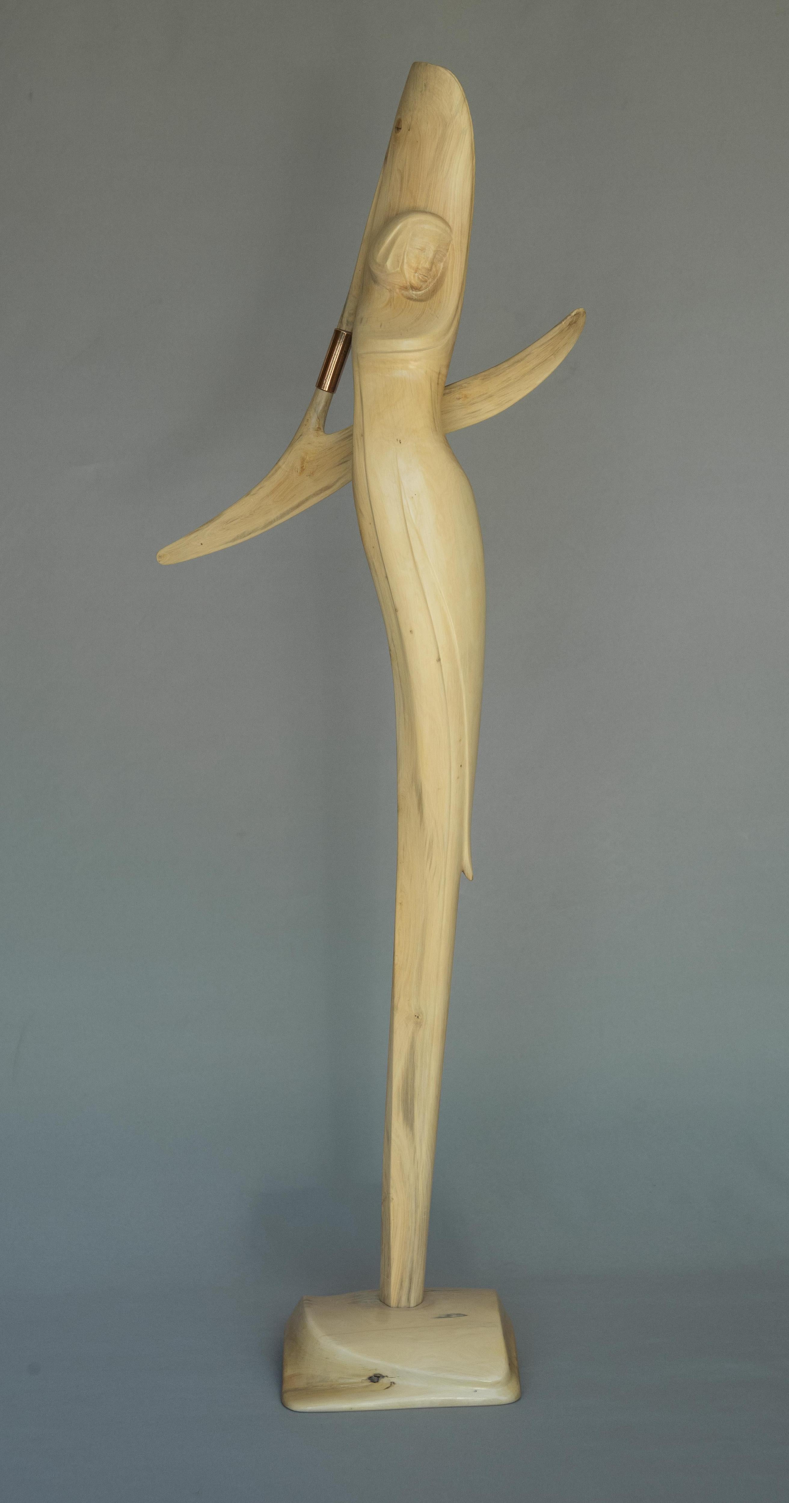"Grace", Box-Wood Copper Ring Soft Lines Feminine Abstract Figurative Sculpture
