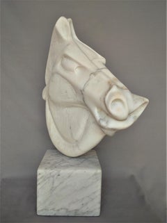 "Horse", Figurative Abstract Head Portrait Carrara Marble Stone Sculpture