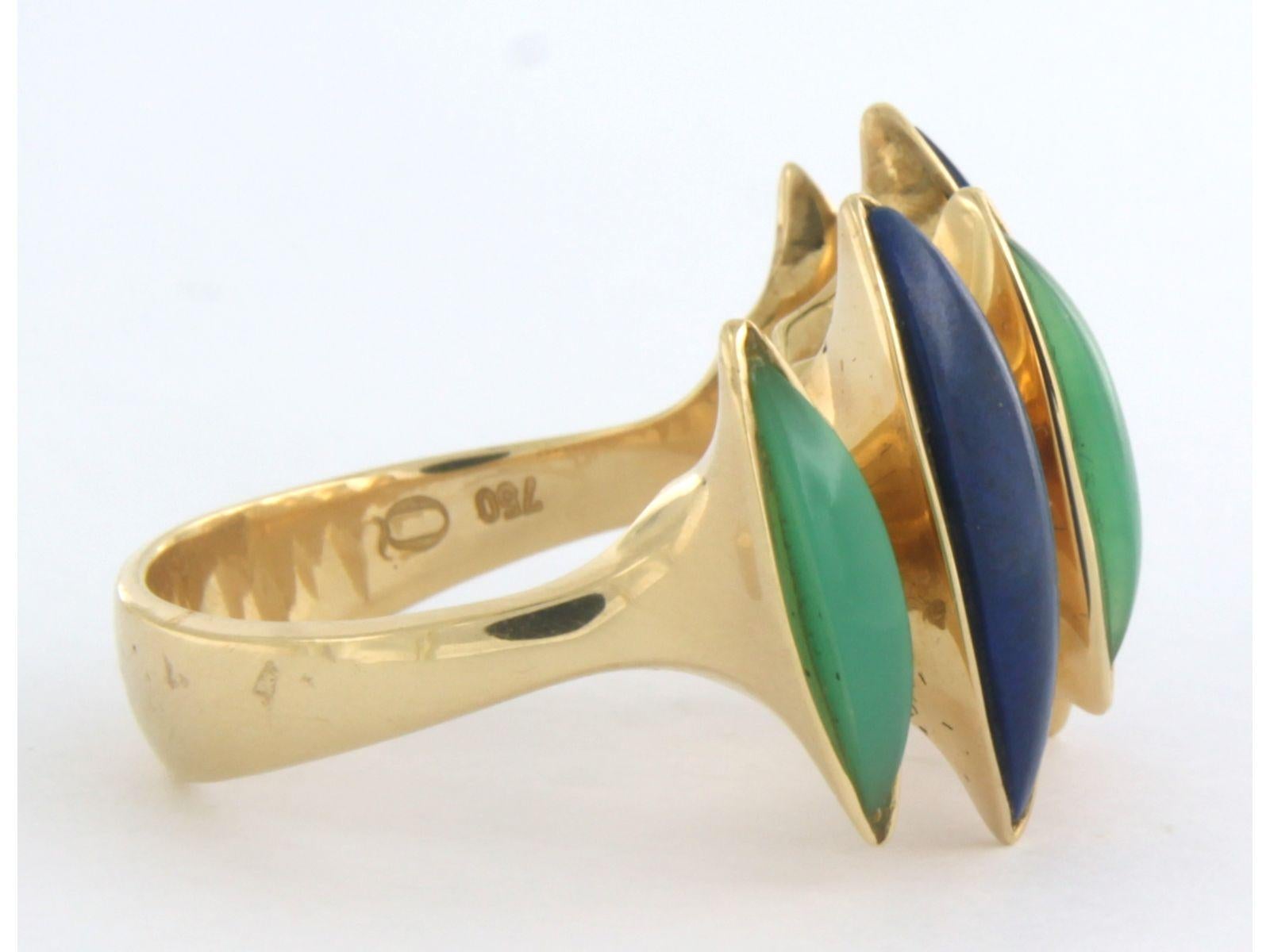 LUTH DESIGN - 18k yellow gold ring set with lapis lazuli and chrysophrase - ring size US 7.5 -EU 17.75(56)

detailed description:

the top of the ring is 1.9 cm wide by 9.4 mm high

ring size US 7.5 -EU 17.75(56), ring can be enlarged and reduced a