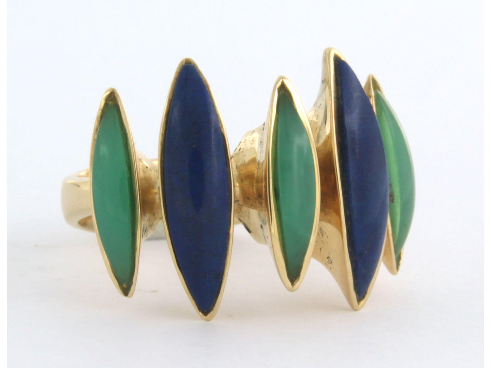 Men's LUTH DESIGN 18k yellow gold ring with lapis lazuli and chrysophrase 15.3 grams For Sale