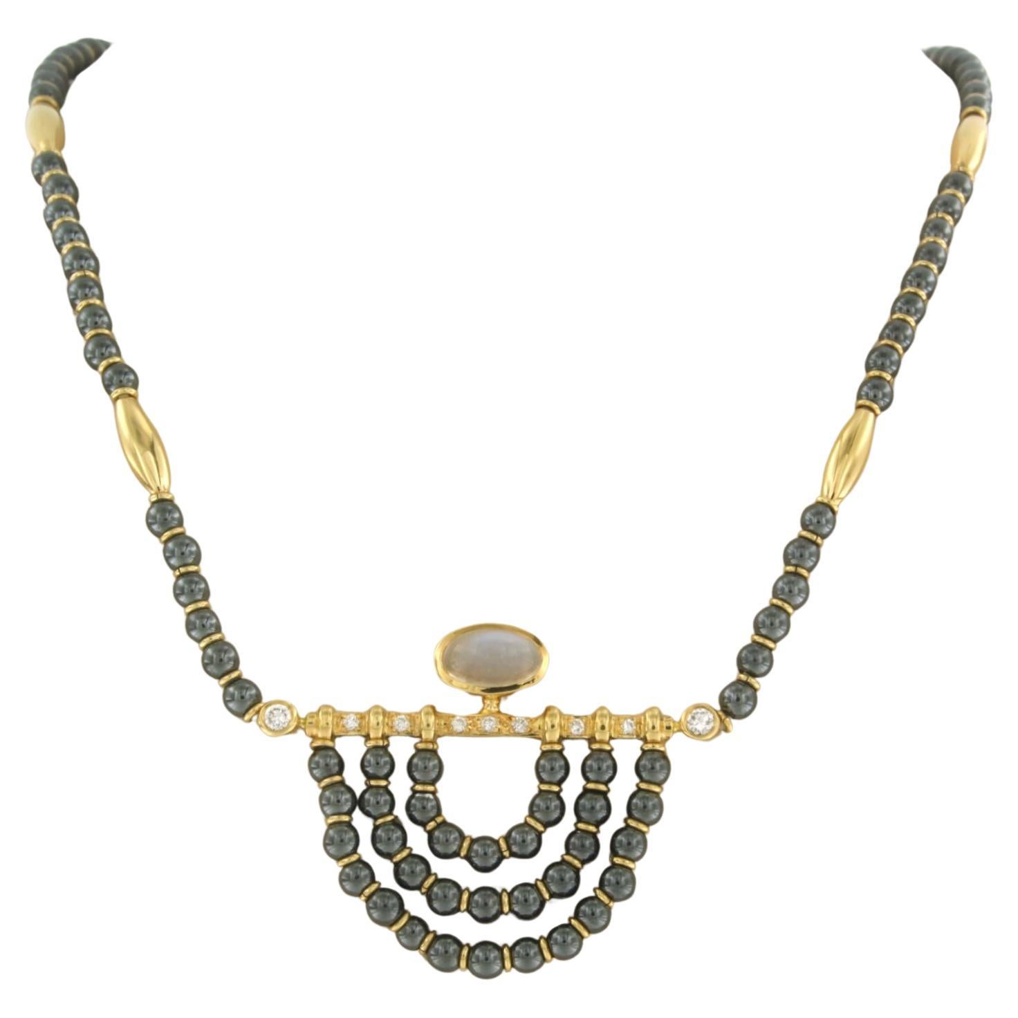 LUTH DESIGN - Halskette mit Hämatit, Mondstein und Diamanten aus 18 Karat Gelbgold