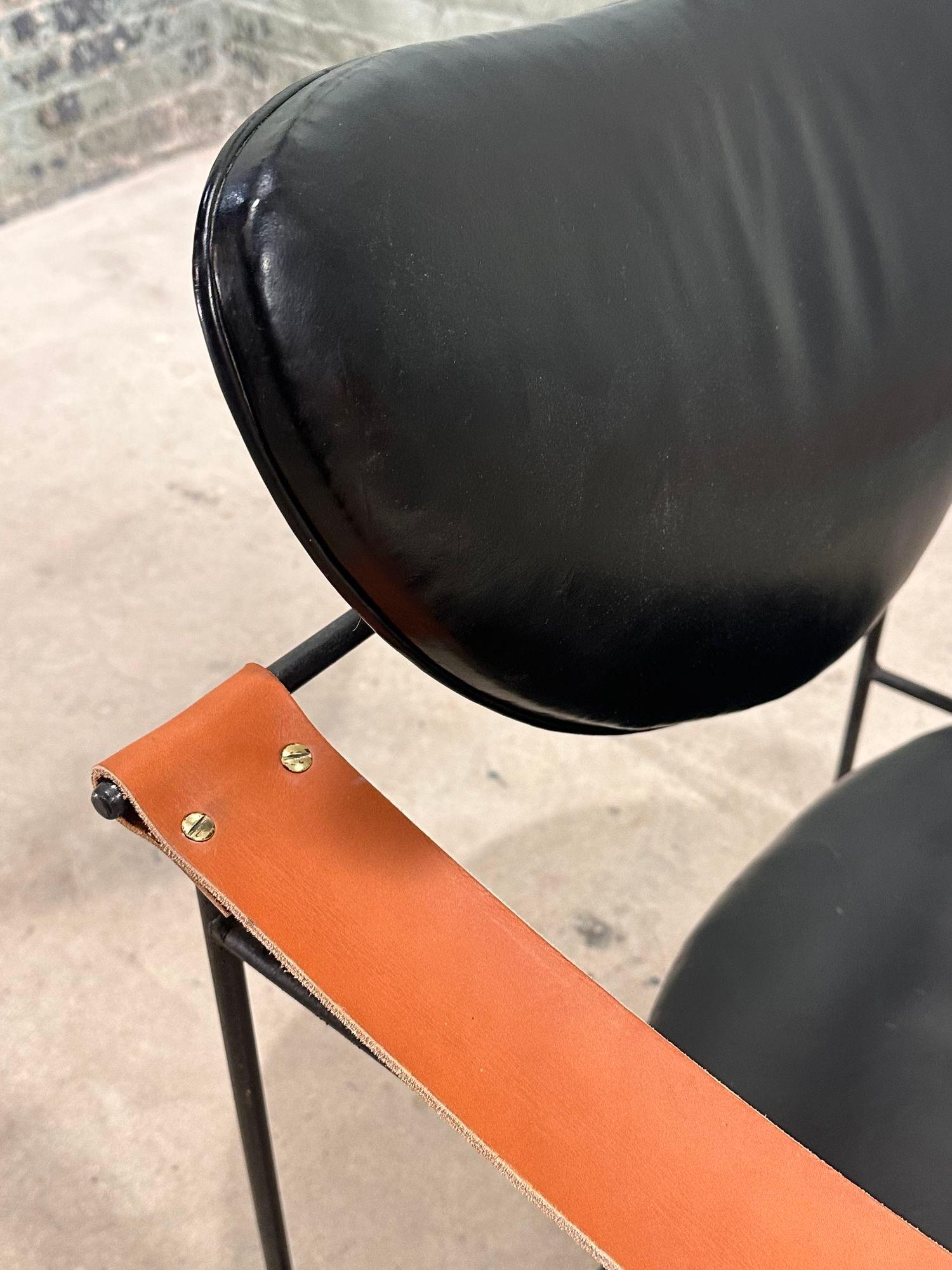 Luther Conover Leather Chair w/Leather Strap Arms on Iron Frame, 1960 In Good Condition For Sale In Chicago, IL