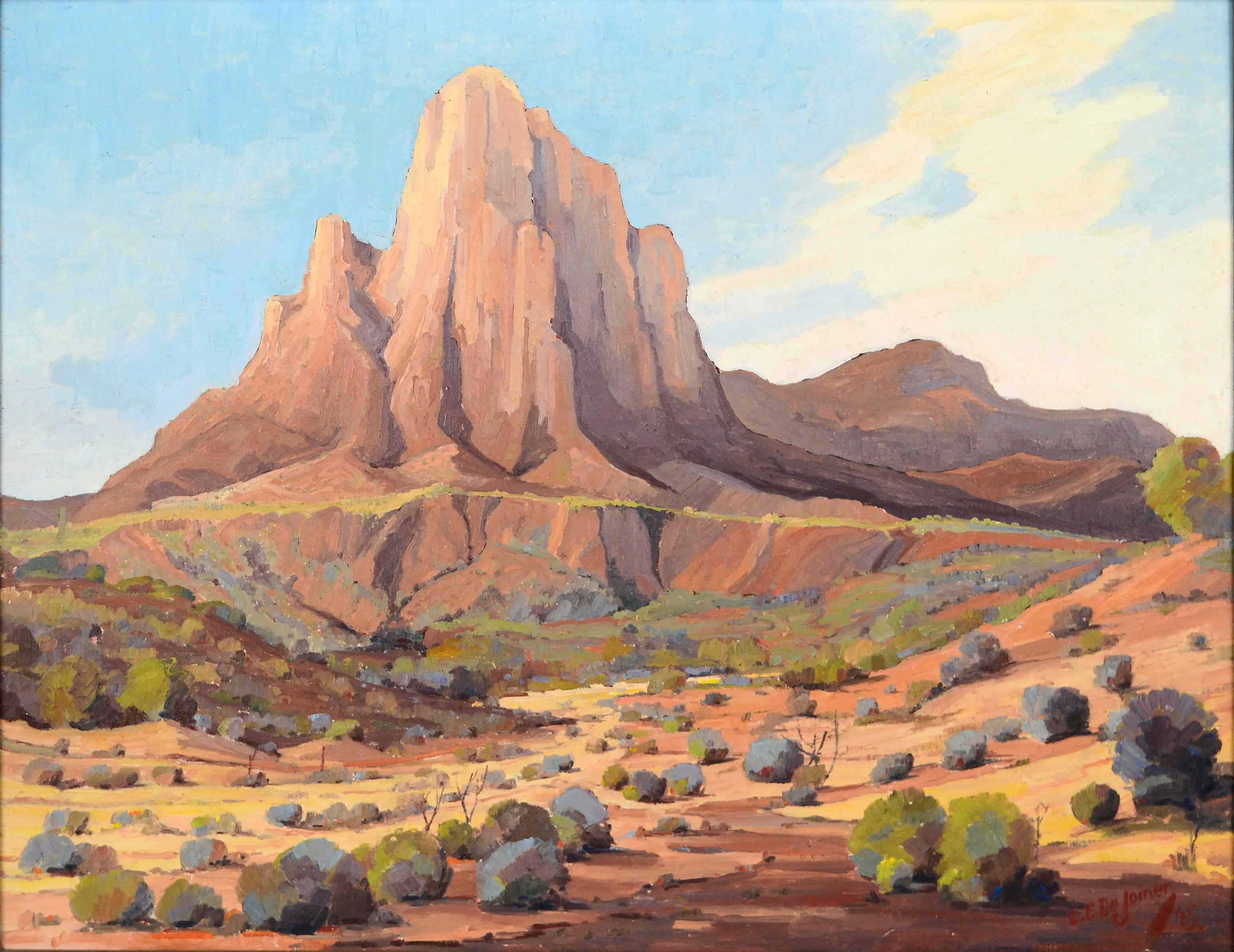 Picacho Peak, Arizona 1945 - Paysage du désert du milieu du siècle dernier, par Dejoiner - Painting de Luther Evans Dejoiner