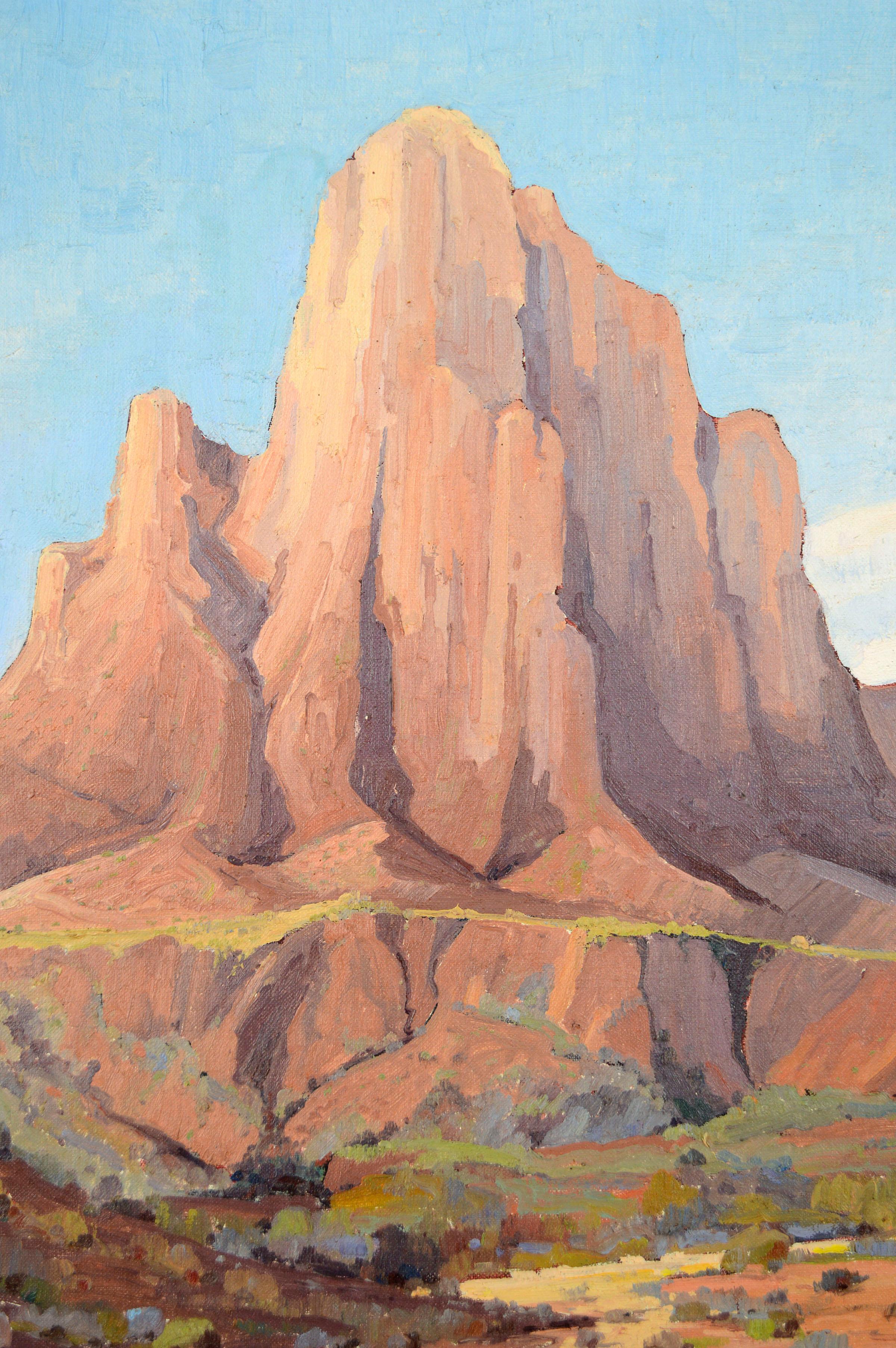 Picacho Peak, Arizona 1945 - Paysage du désert du milieu du siècle dernier, par Dejoiner - Marron Landscape Painting par Luther Evans Dejoiner