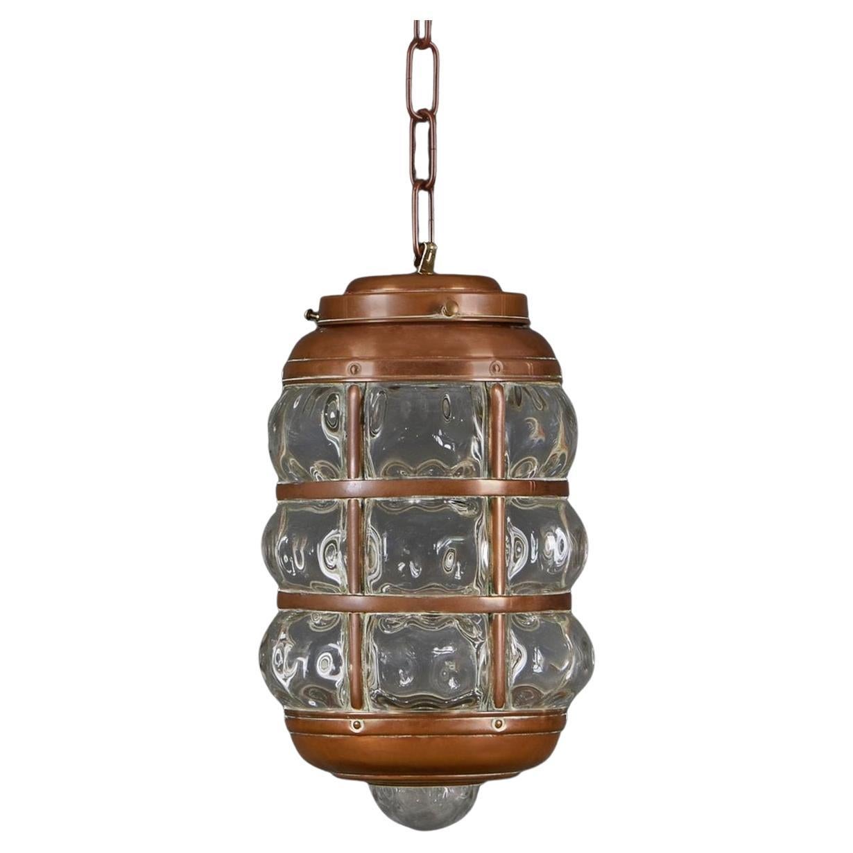 A Copper And Glass Hanging Hall Light or Lantern