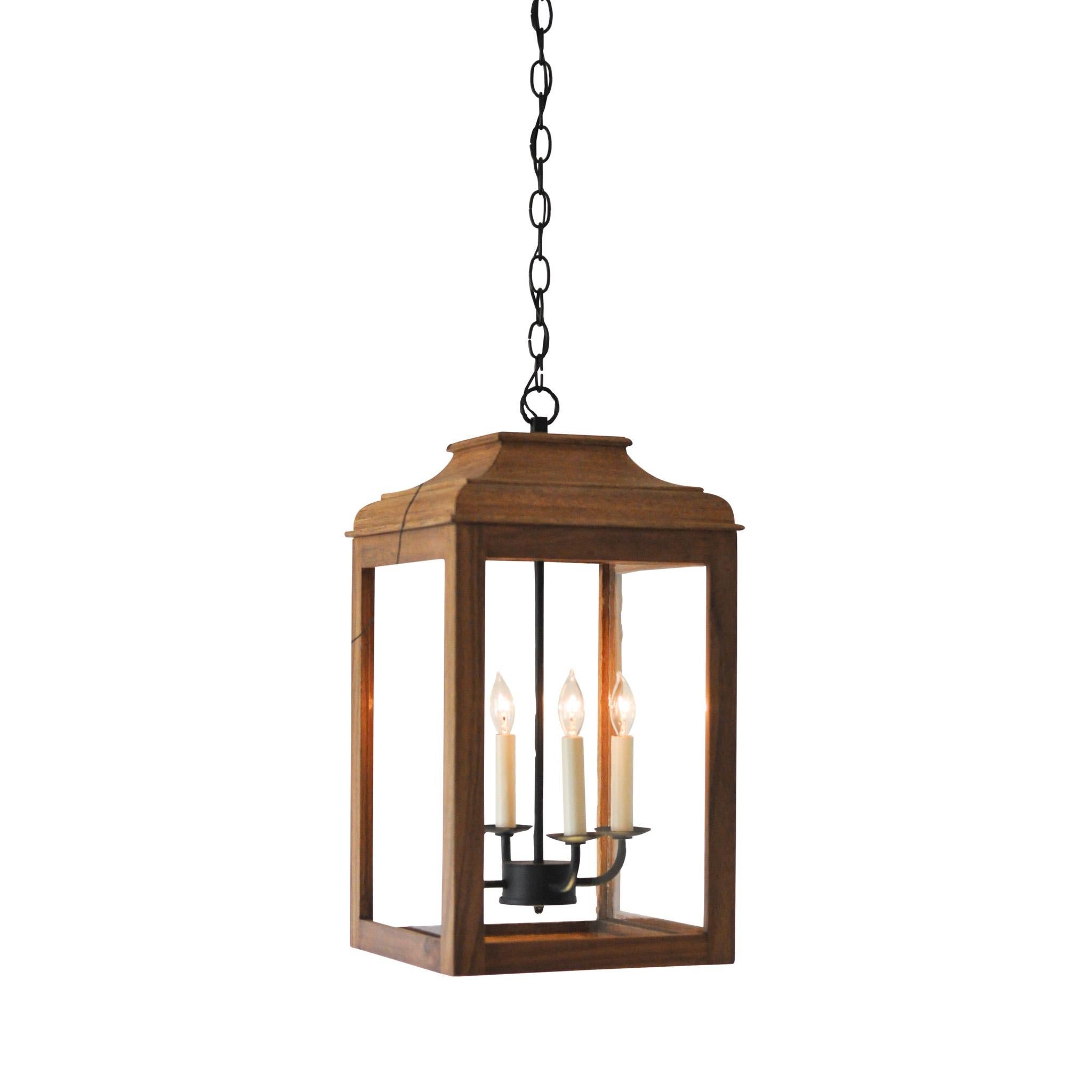 American Lutyens Hanging Lantern, Estate, Finish Natural Wood, Charred Iron Candle Holder For Sale
