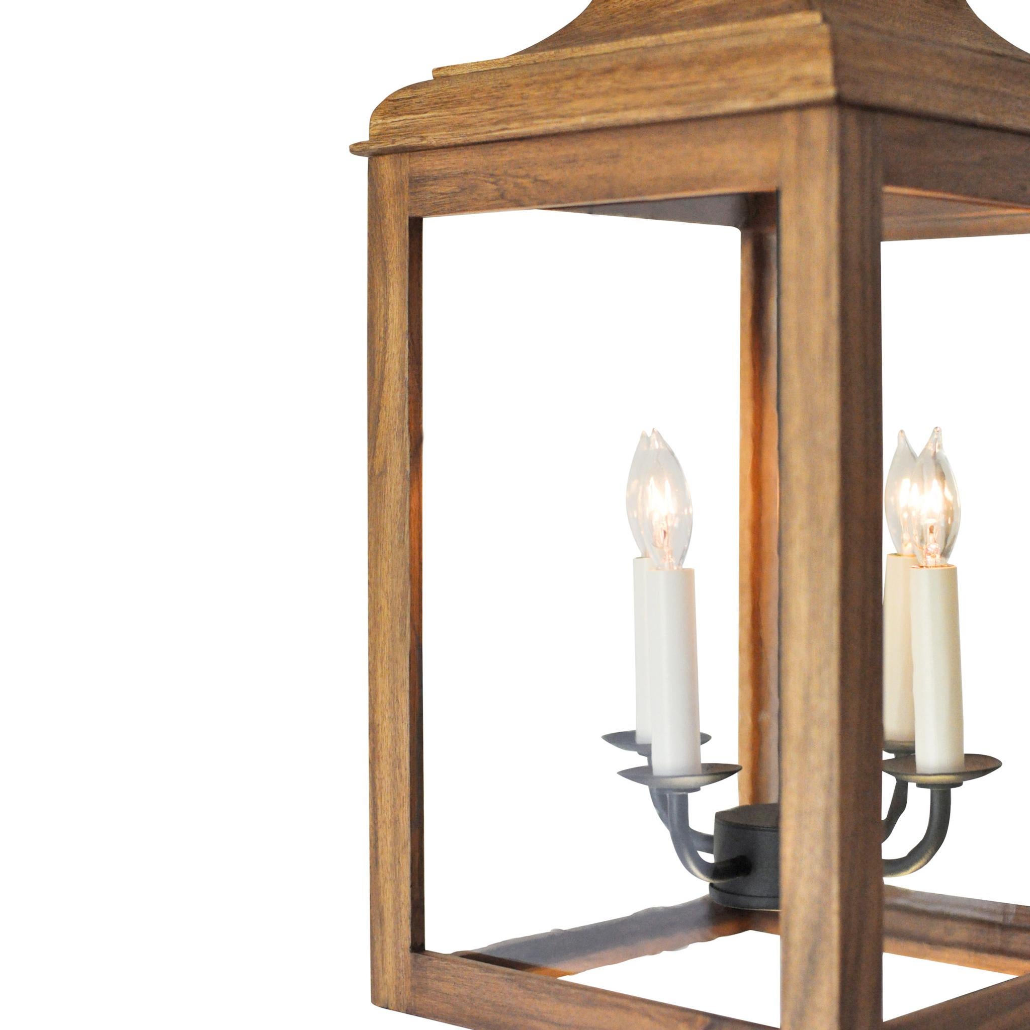 Forged Lutyens Hanging Lantern, Estate, Finish Natural Wood, Charred Iron Candle Holder For Sale