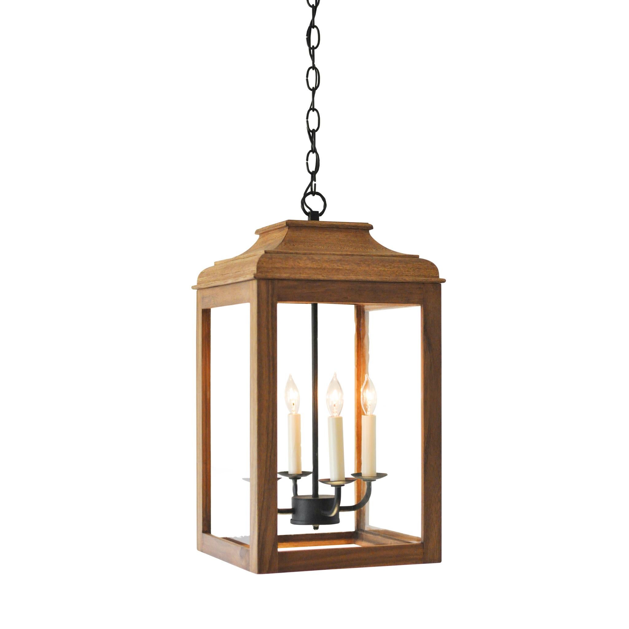 Lutyens Hanging Lantern, Estate, Finish Natural Wood, Charred Iron Candle Holder In New Condition For Sale In Paoli, PA