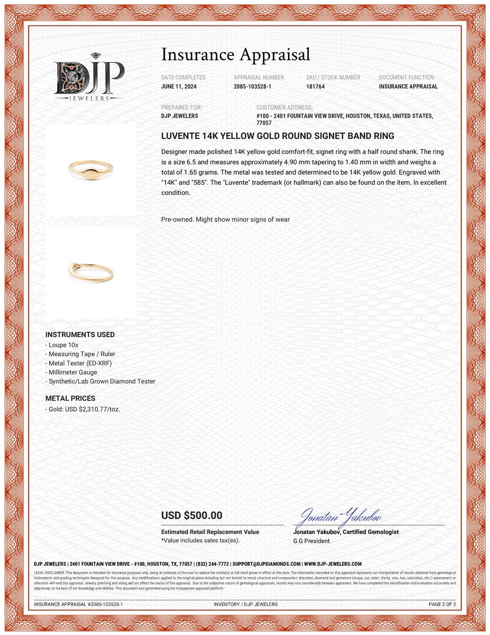 Luvente 14K Yellow Gold Round Signet Band Ring 5