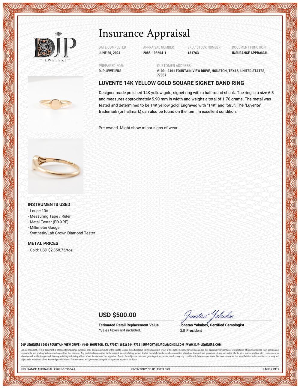 Luvente Bague chevalière carrée en or jaune 14K en vente 2