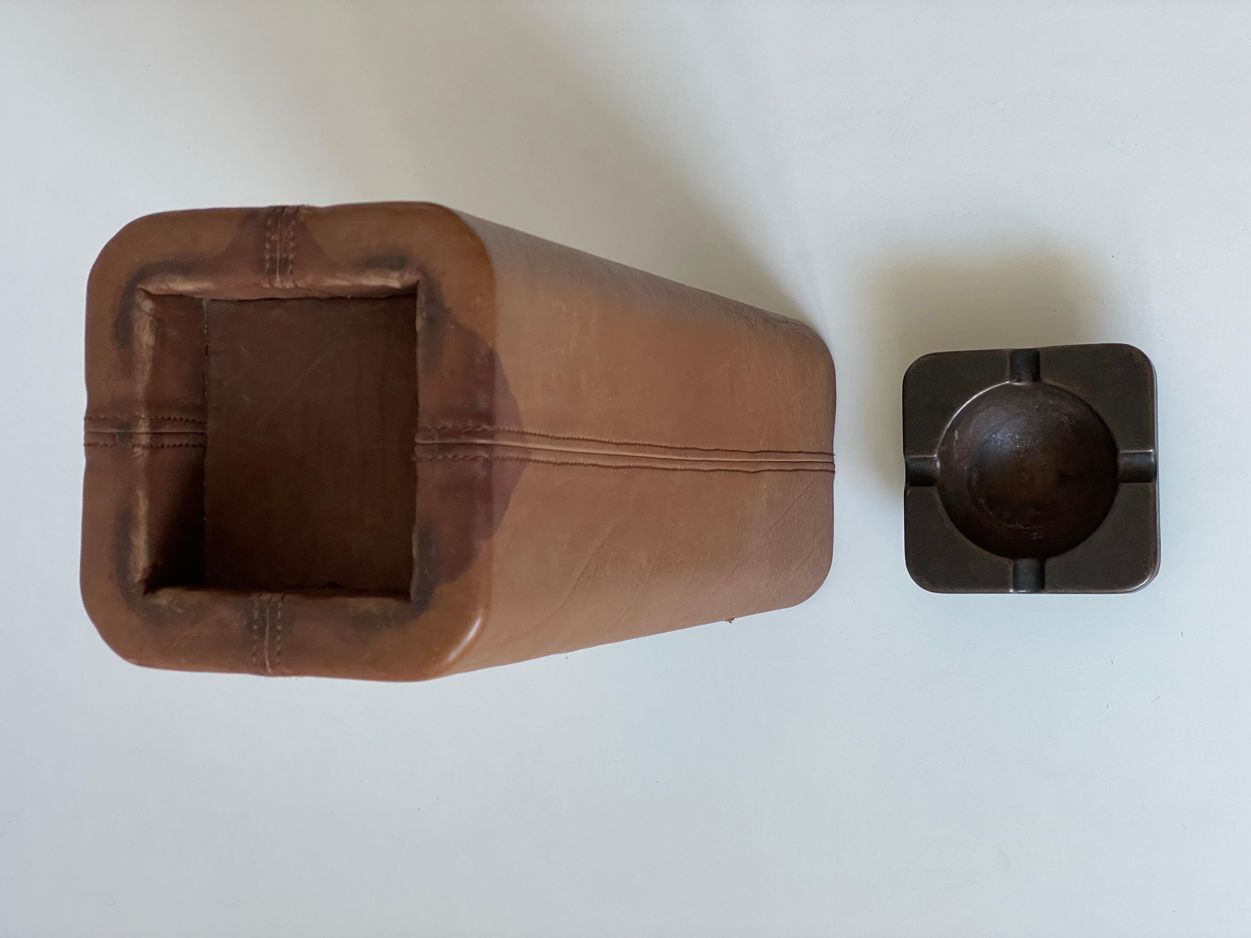 Lux Leather Pair of Floor Ashtrays with Bronze Top, 1960's, Switzerland For Sale 5