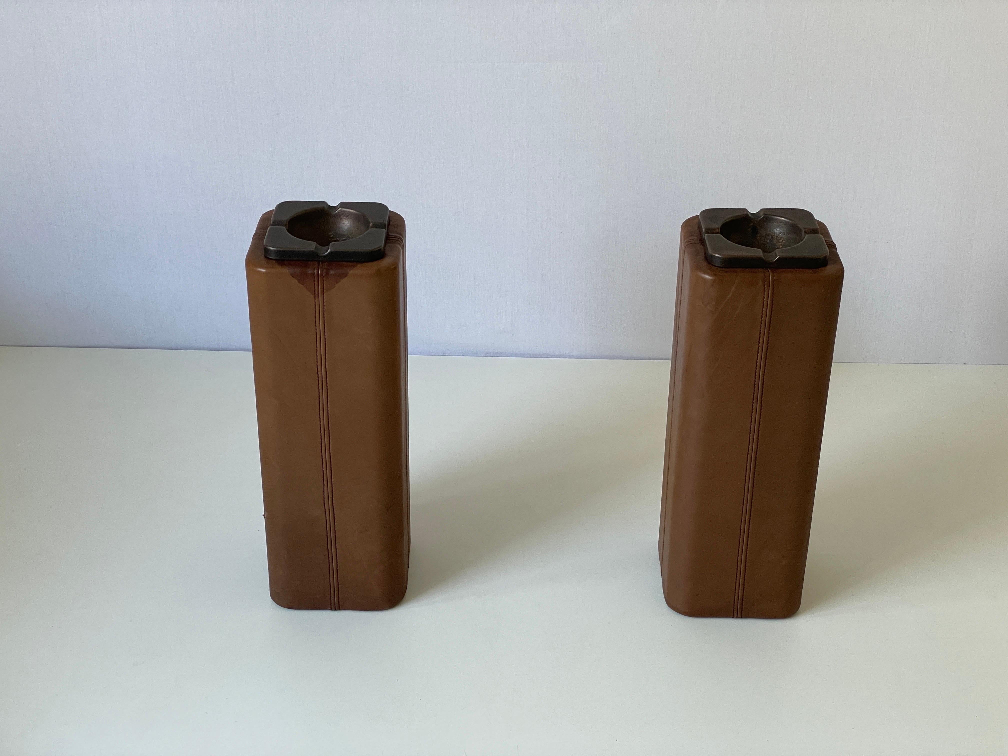 Mid-20th Century Lux Leather Pair of Floor Ashtrays with Bronze Top, 1960's, Switzerland For Sale
