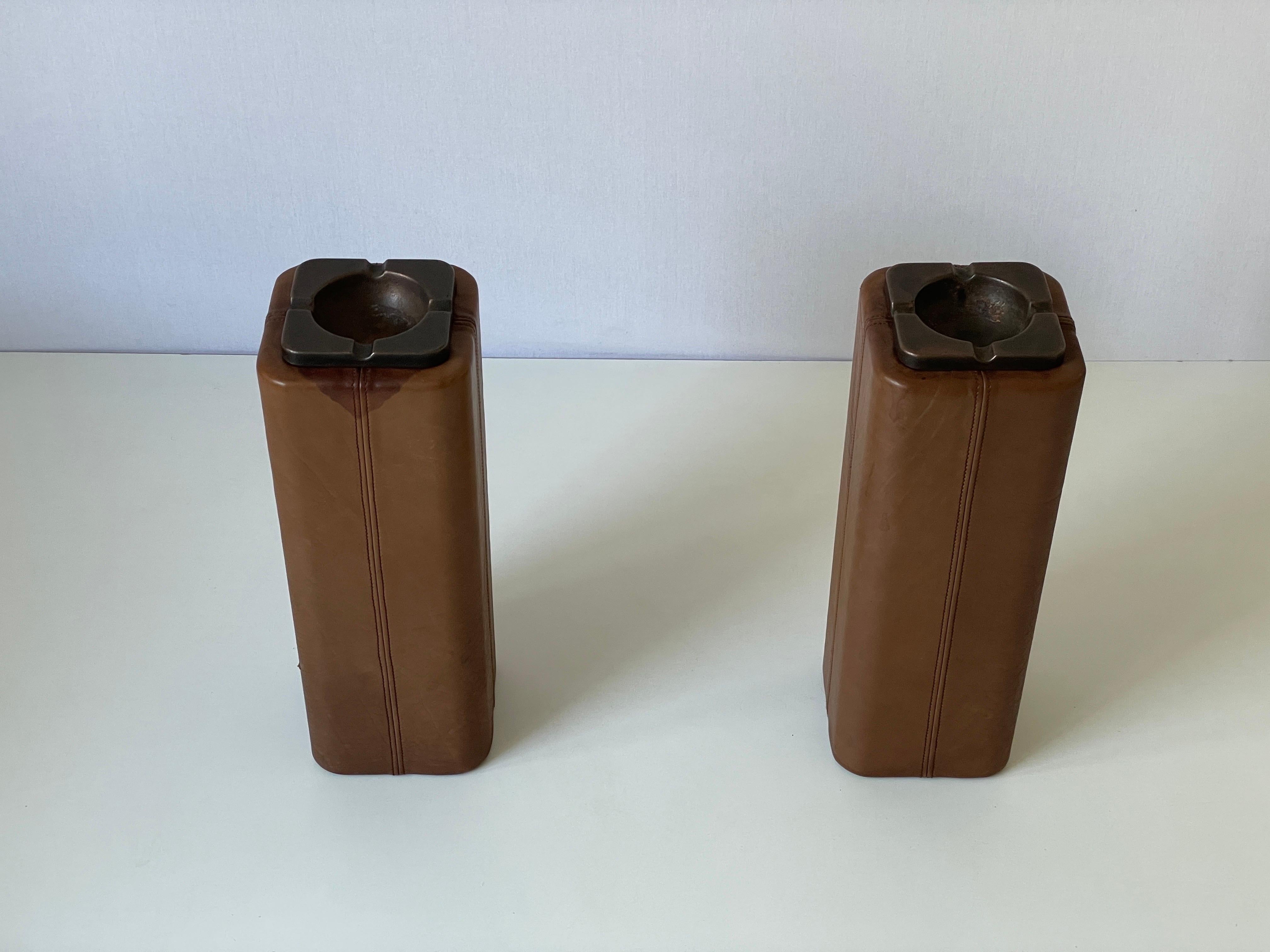 Metal Lux Leather Pair of Floor Ashtrays with Bronze Top, 1960's, Switzerland For Sale