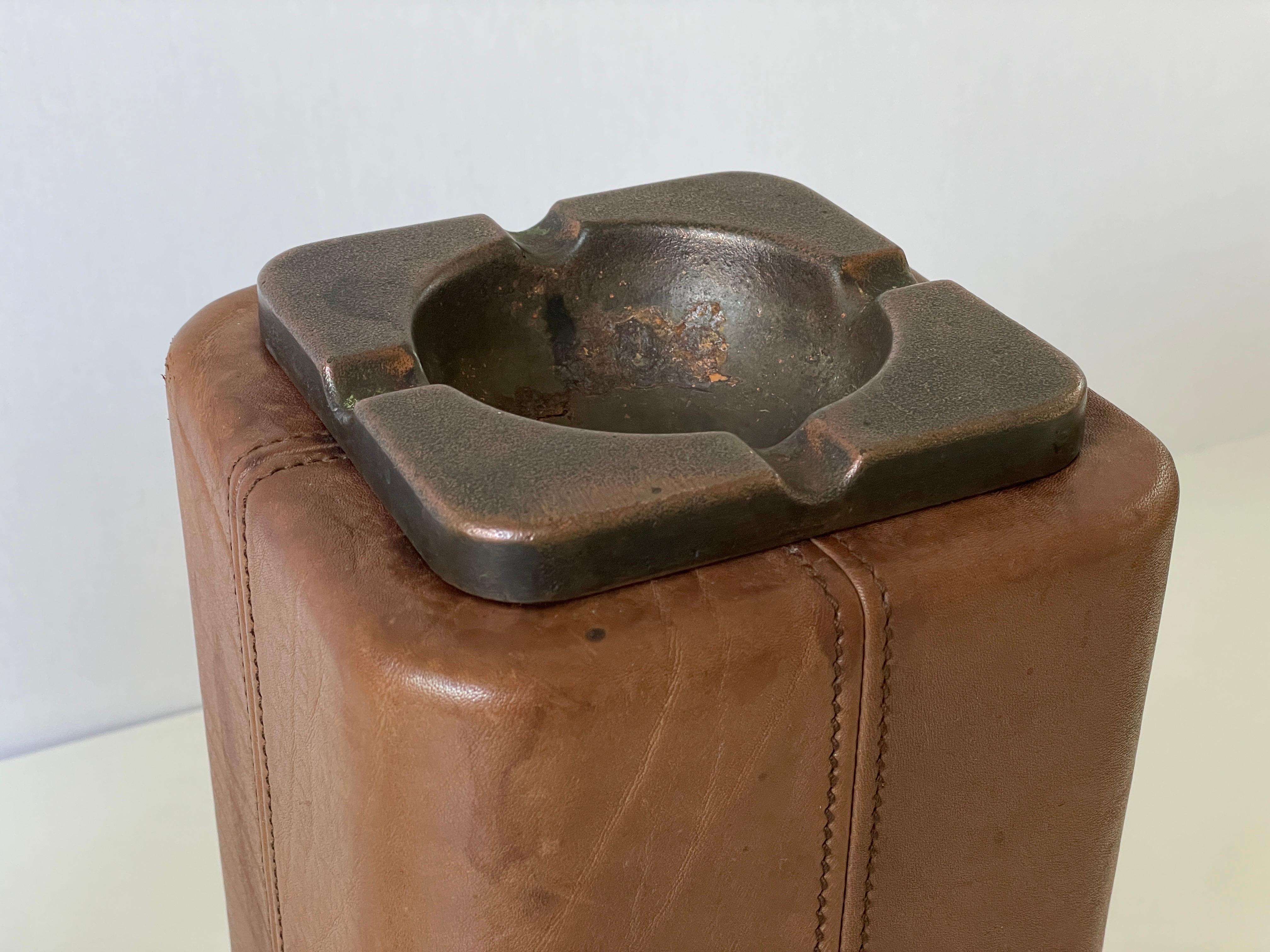Lux Leather Pair of Floor Ashtrays with Bronze Top, 1960's, Switzerland For Sale 3