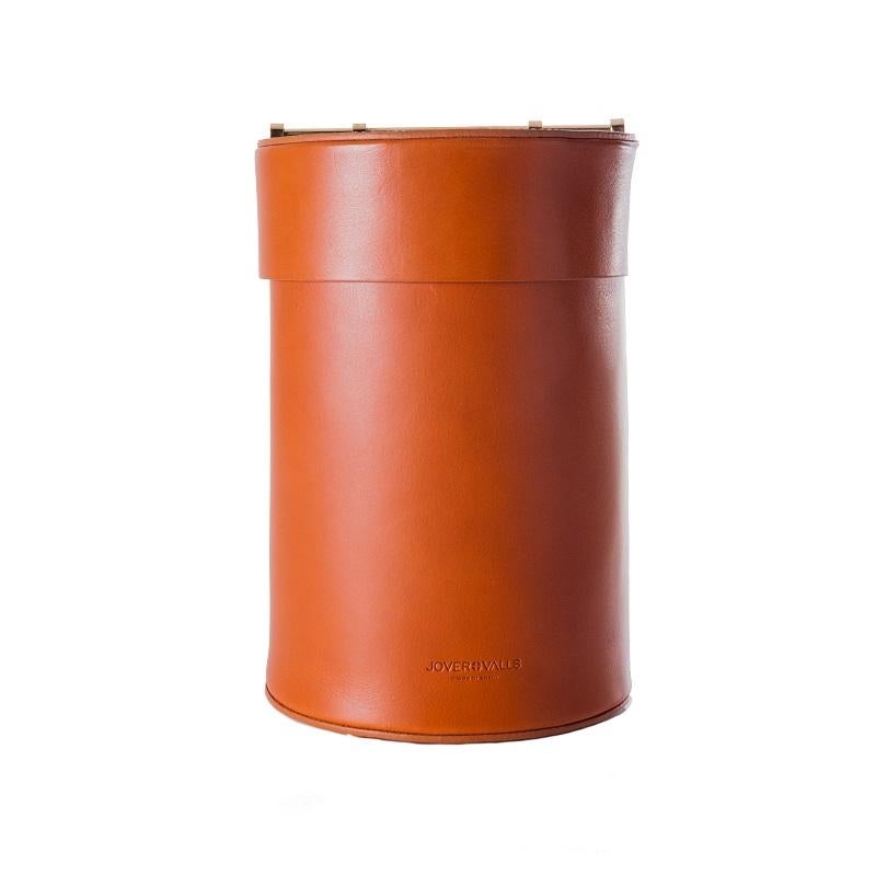 Contemporary Lux Paper Bin Handcrafted in Natural Tobacco Cowhide Leather with Brass Details For Sale