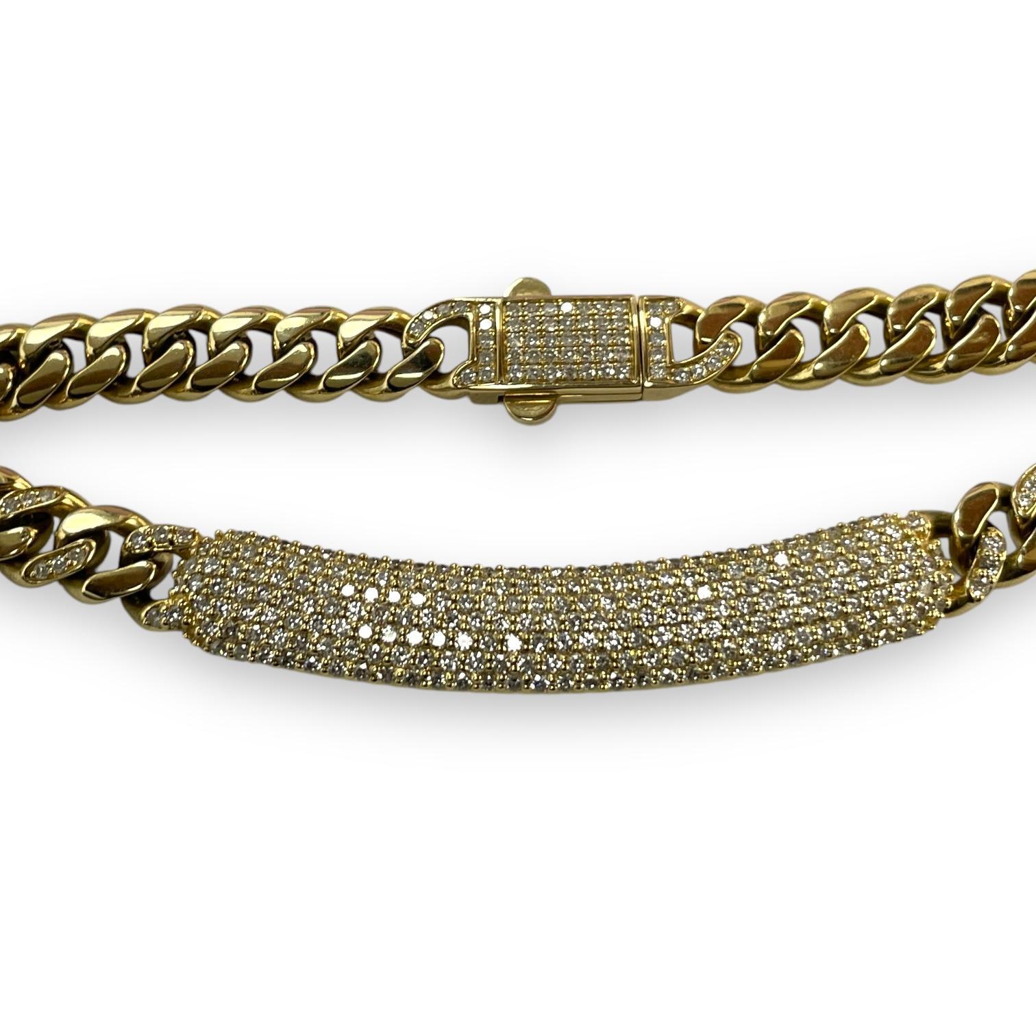 Collier à maillons cubains serti de diamants 4 carats en or jaune 14 carats Excellent état - En vente à New York, NY