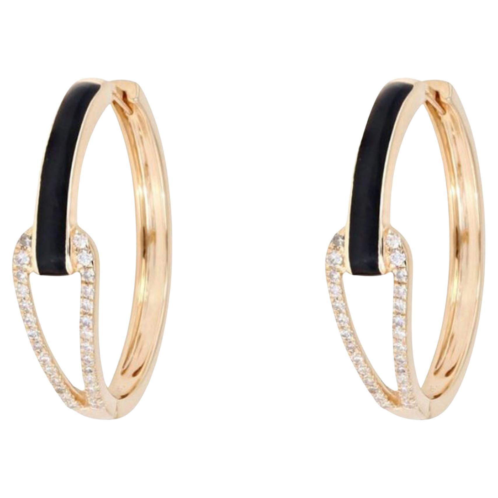 Boucles d'oreilles créoles en or 14 carats avec diamant de 0,21 ct et émail noir