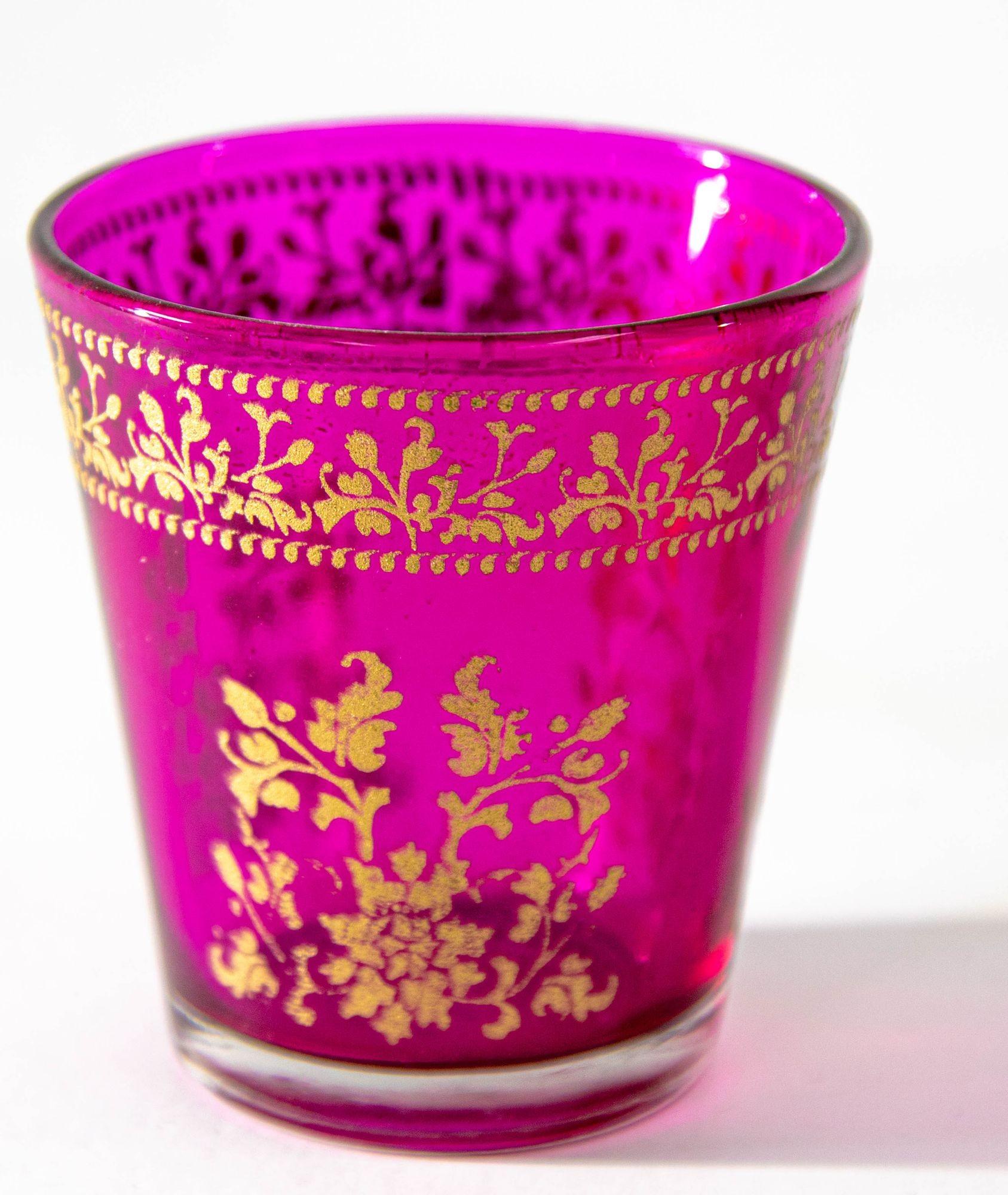 Luxe Moroccan Fuchsia Pink Glass Votive Holder with gold Moorish Floral Design 6