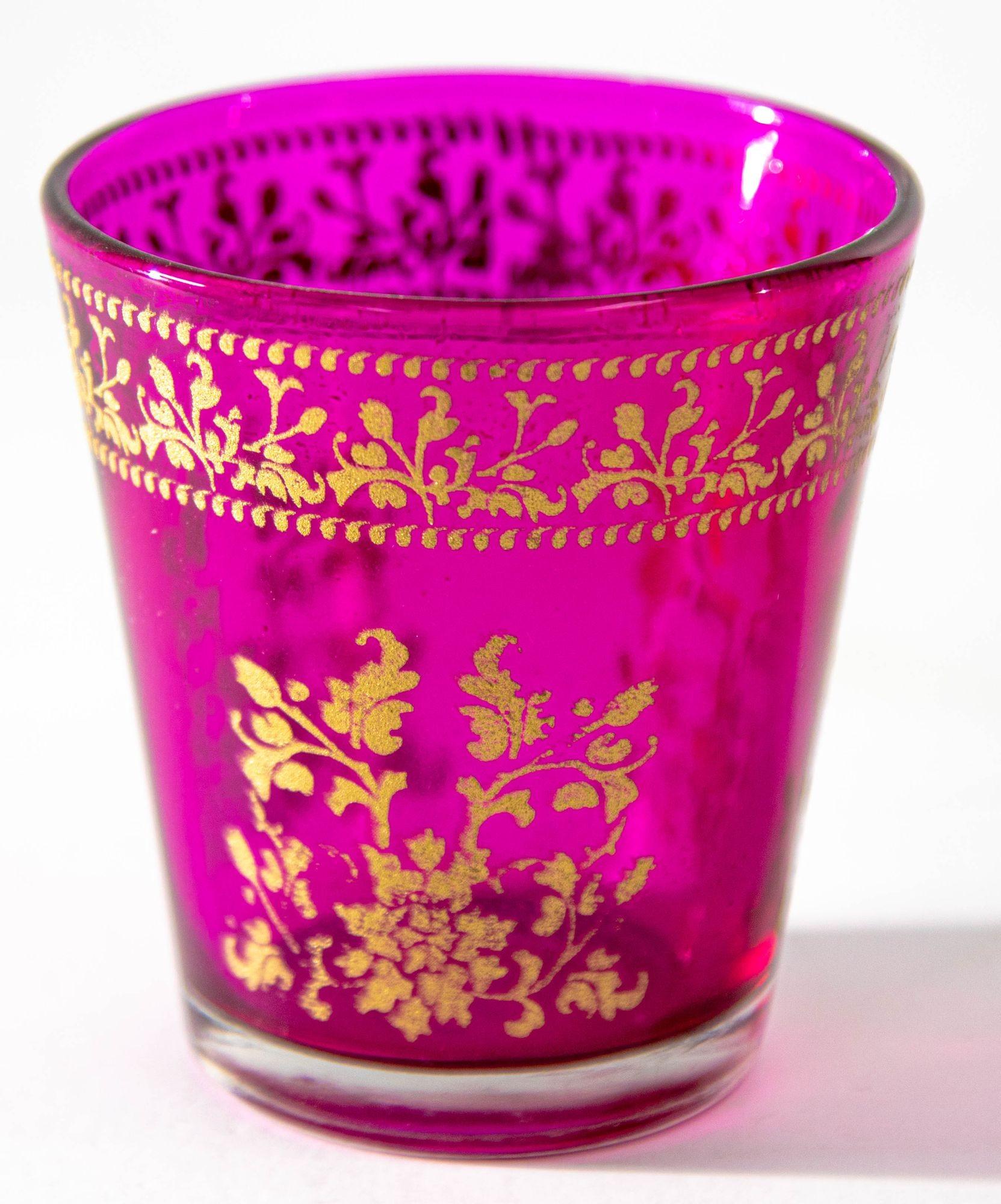 20th Century Luxe Moroccan Fuchsia Pink Glass Votive Holder with gold Moorish Floral Design