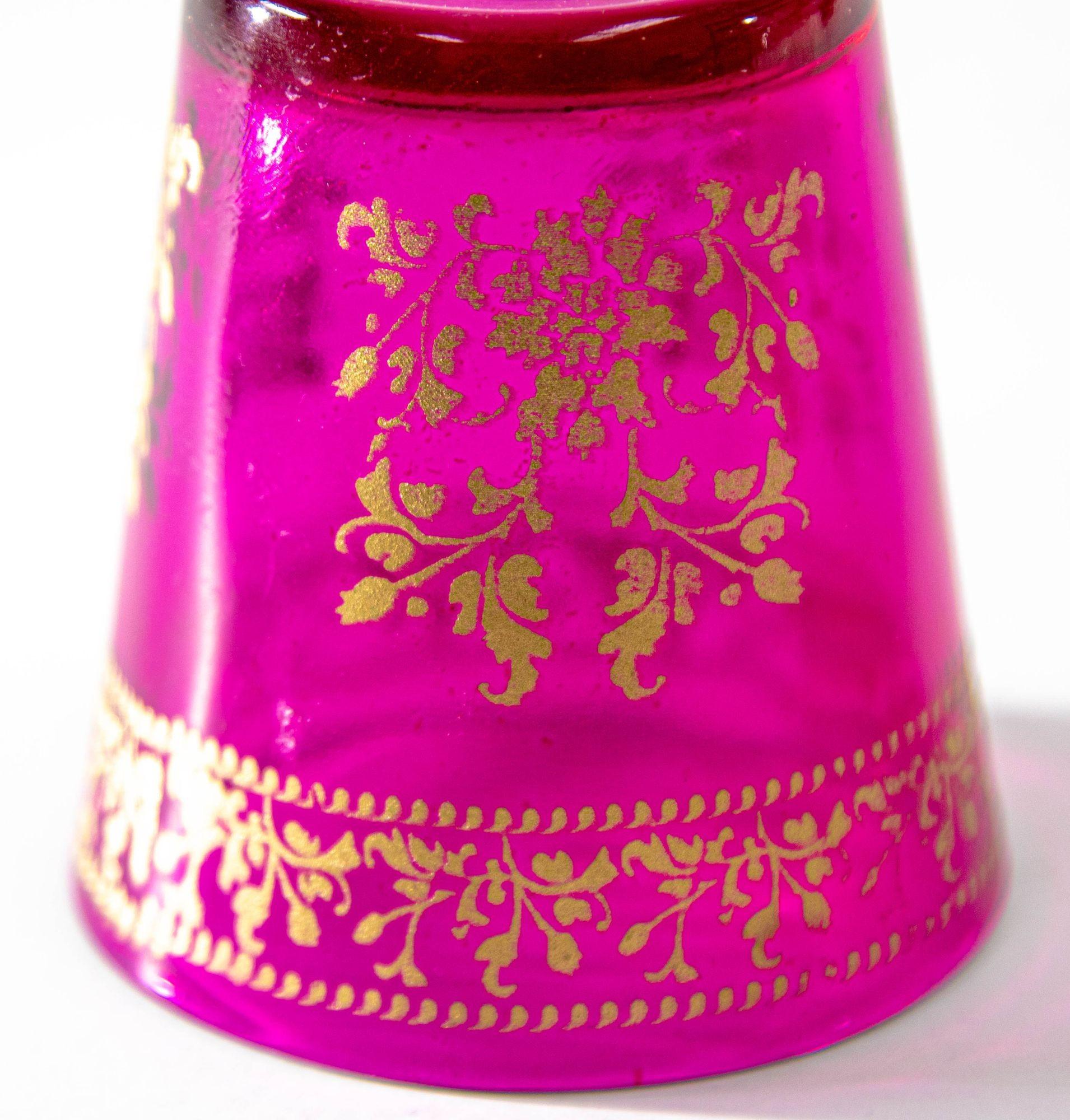 Luxe Moroccan Fuchsia Pink Glass Votive Holder with gold Moorish Floral Design 2