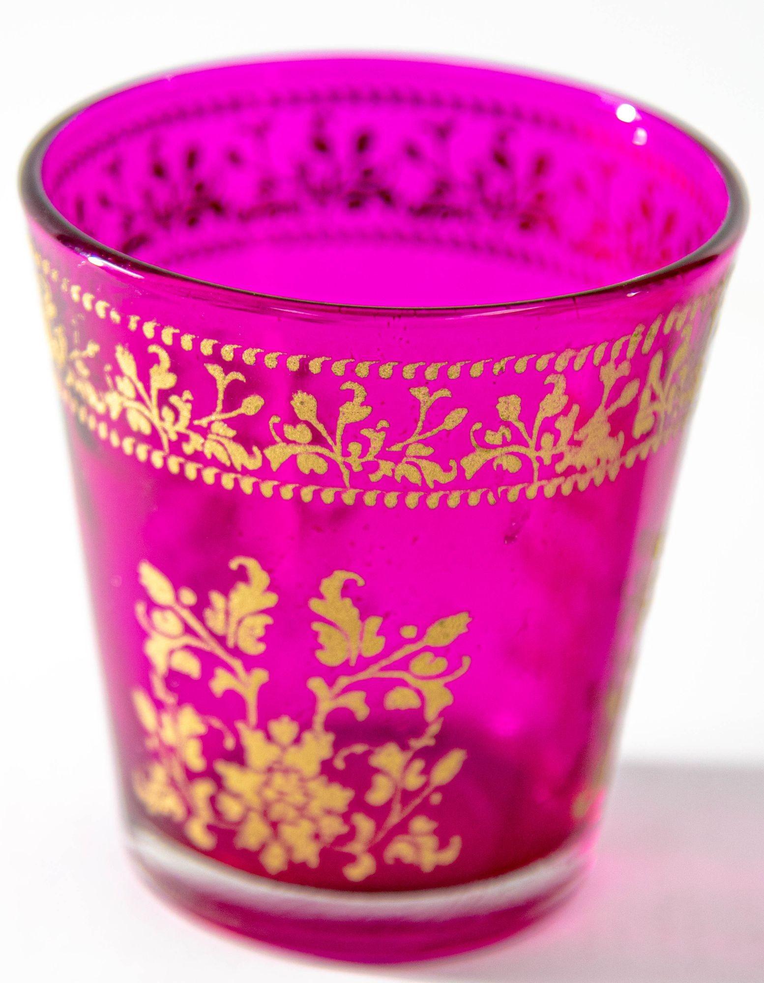 Luxe Moroccan Fuchsia Pink Glass Votive Holder with gold Moorish Floral Design 3
