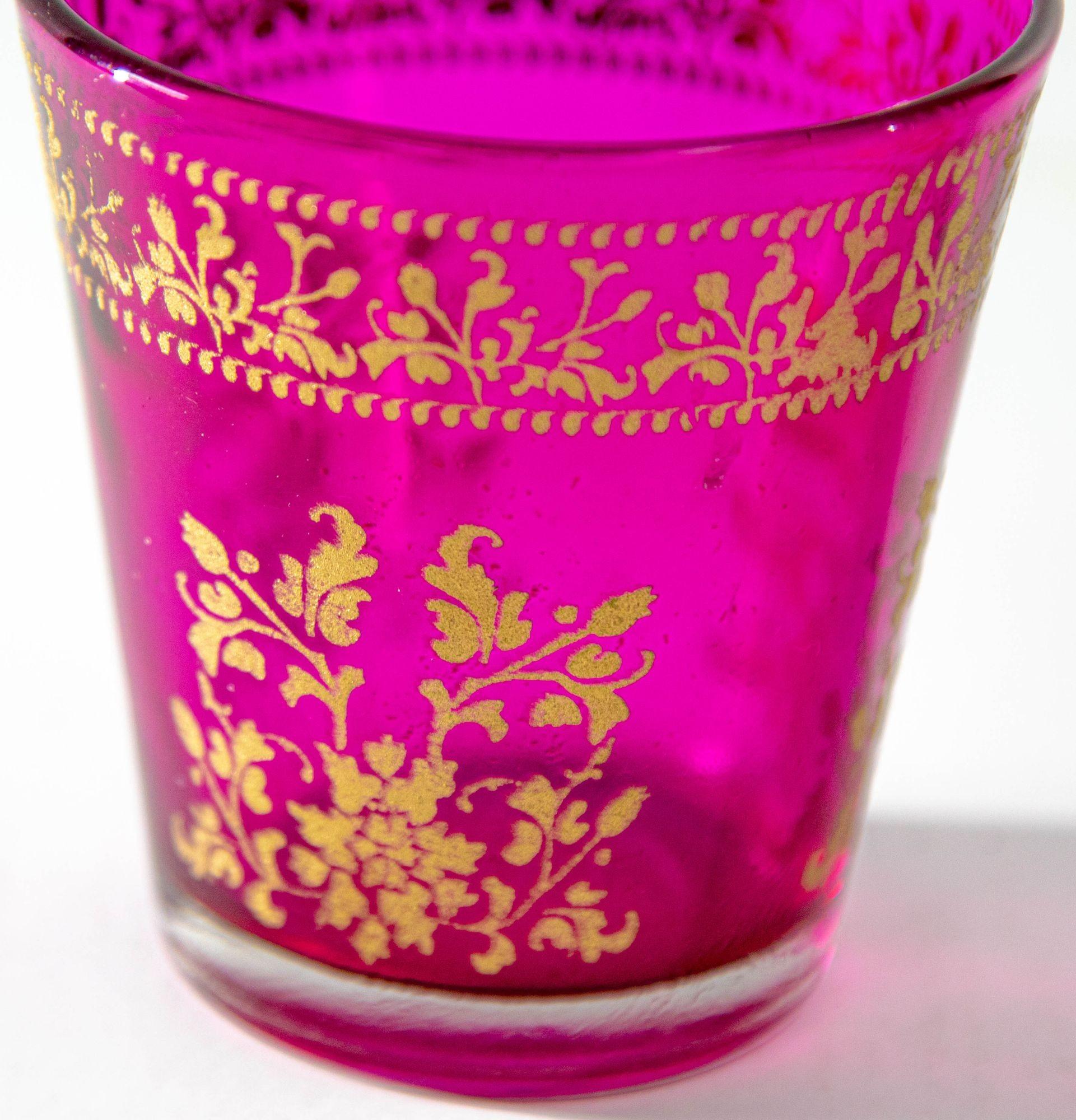 Luxe Moroccan Fuchsia Pink Glass Votive Holder with gold Moorish Floral Design 4