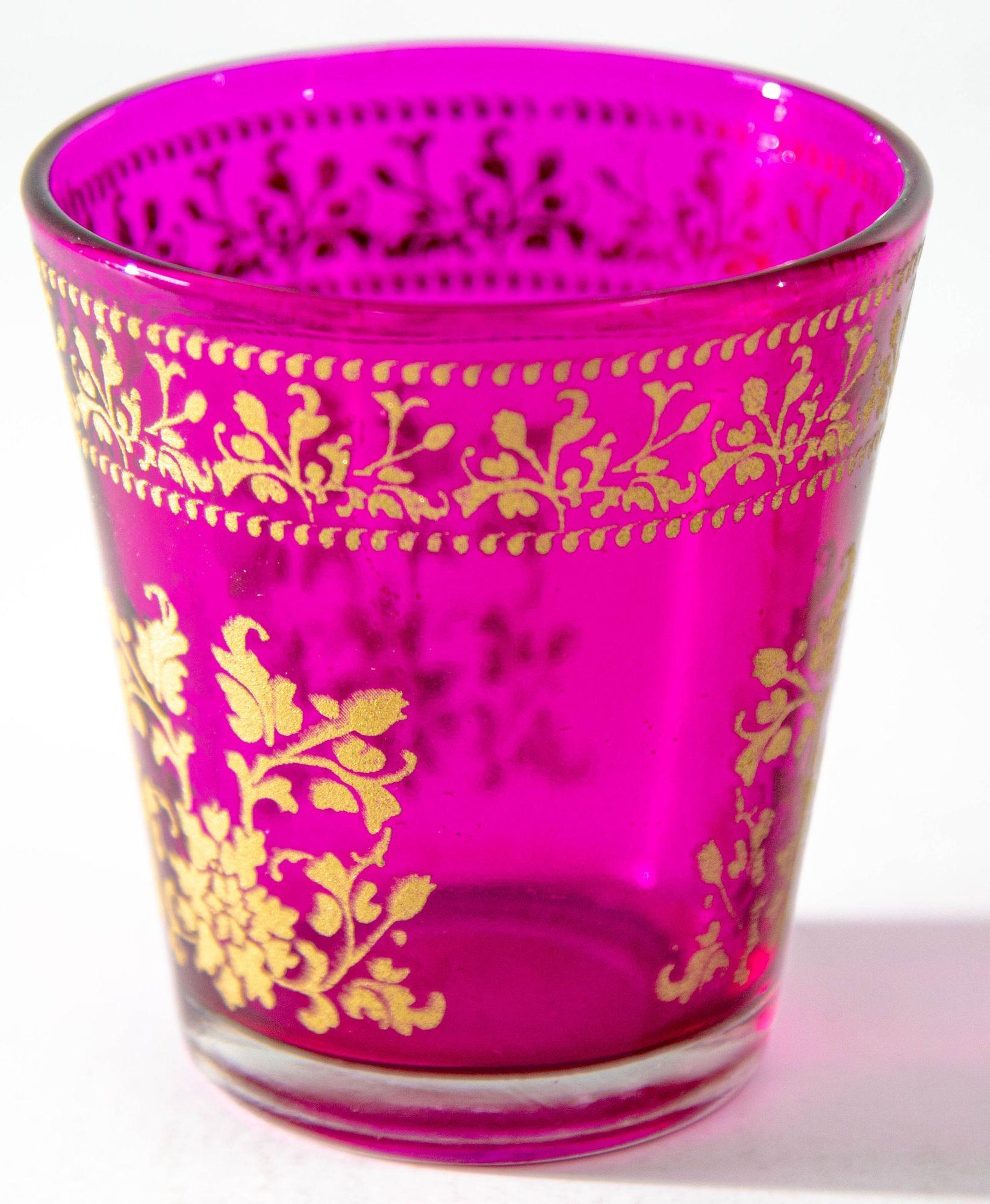 Luxe Moroccan Fuchsia Pink Glass Votive Holder with gold Moorish Floral Design 5