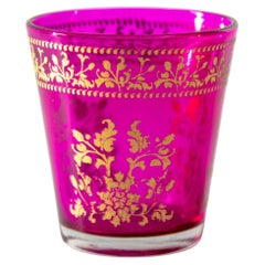 Porte-votif marocain de luxe en verre rose fuchsia avec motif floral mauresque doré