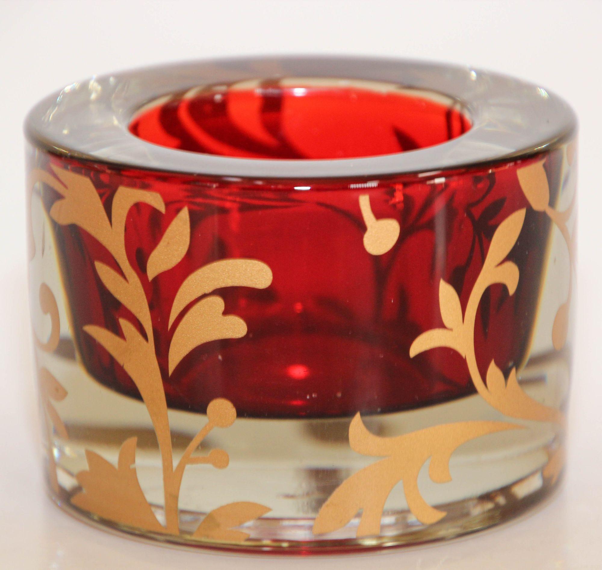 Bohemian Luxe Moroccan Red and Gold Glass Votive Holder with 22k Gold Moorish Floral Des For Sale