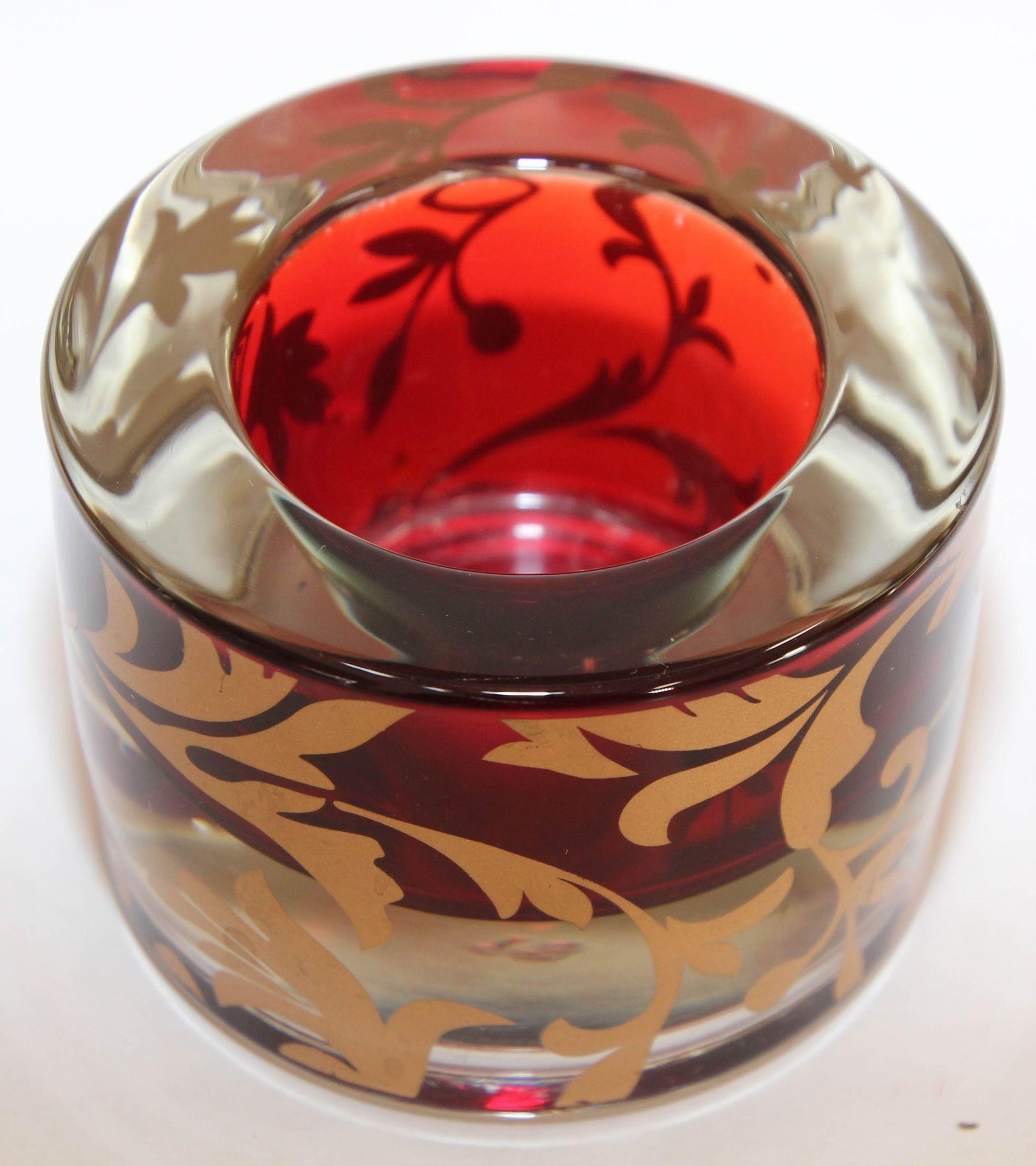 20th Century Luxe Moroccan Red and Gold Glass Votive Holder with 22k Gold Moorish Floral Des For Sale