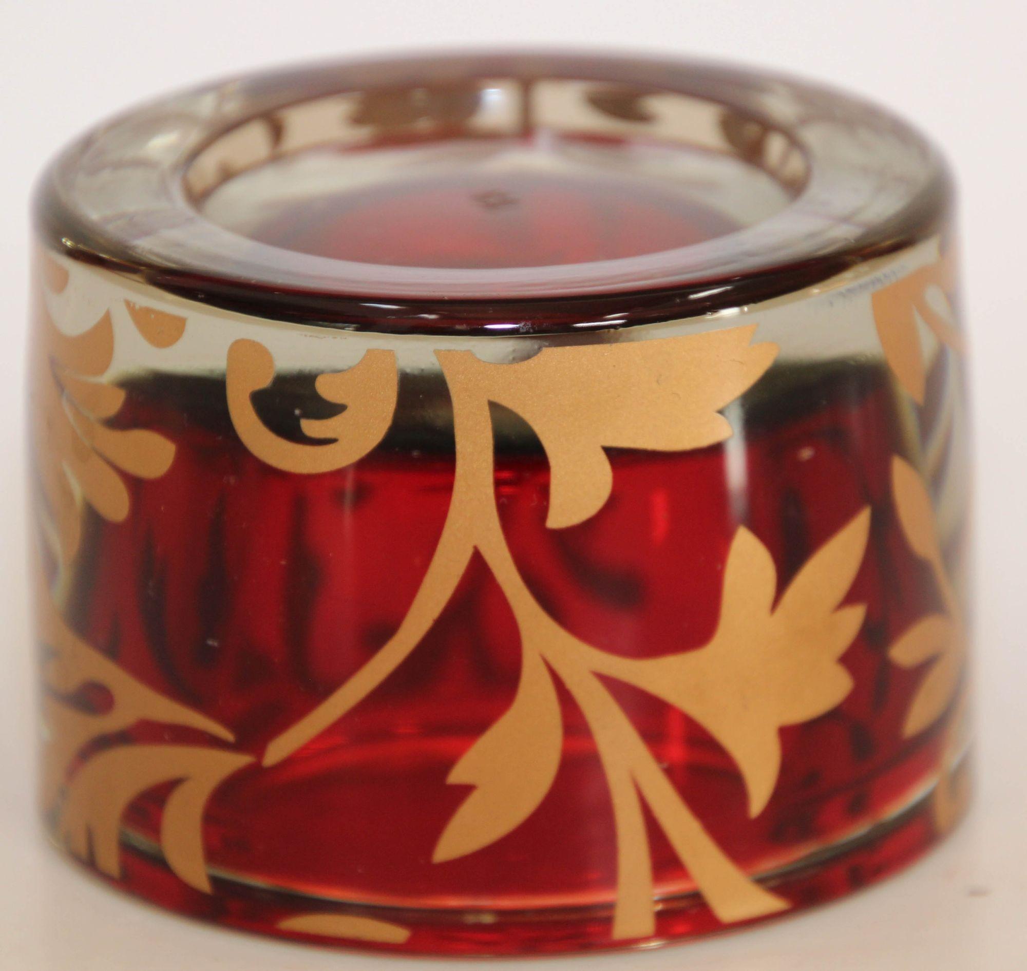 Luxe Moroccan Red and Gold Glass Votive Holder with 22k Gold Moorish Floral Des For Sale 1
