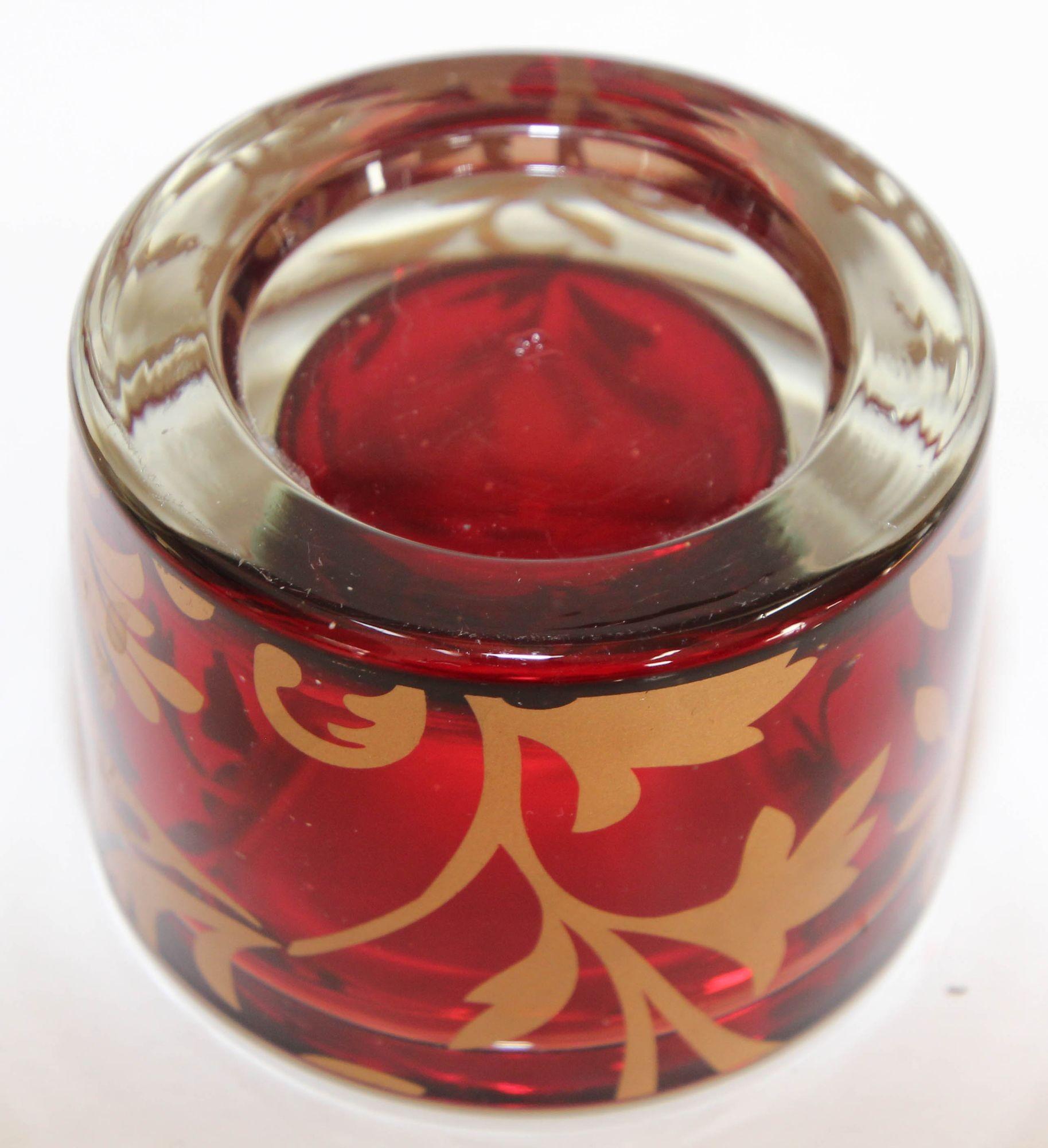 Luxe Moroccan Red and Gold Glass Votive Holder with 22k Gold Moorish Floral Des For Sale 2