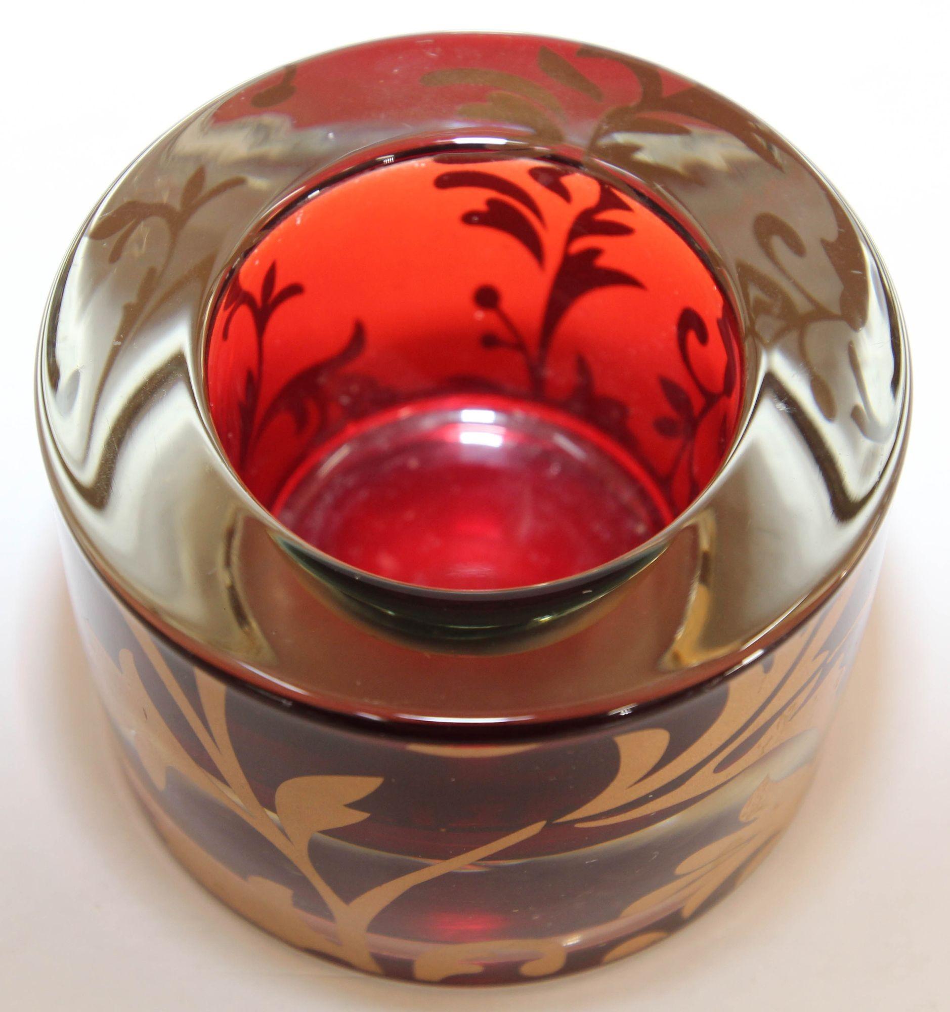 Luxe Moroccan Red and Gold Glass Votive Holder with 22k Gold Moorish Floral Des For Sale 3