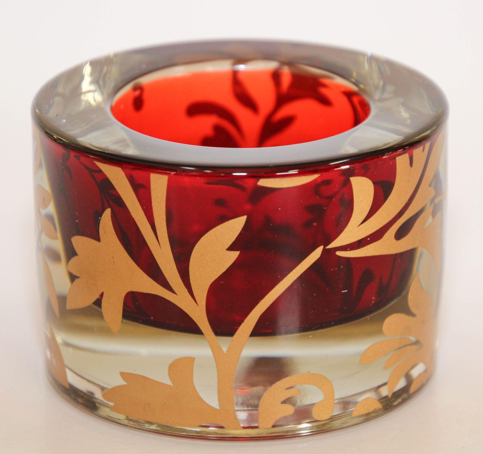 Luxe Moroccan Red and Gold Glass Votive Holder with 22k Gold Moorish Floral Des For Sale 4
